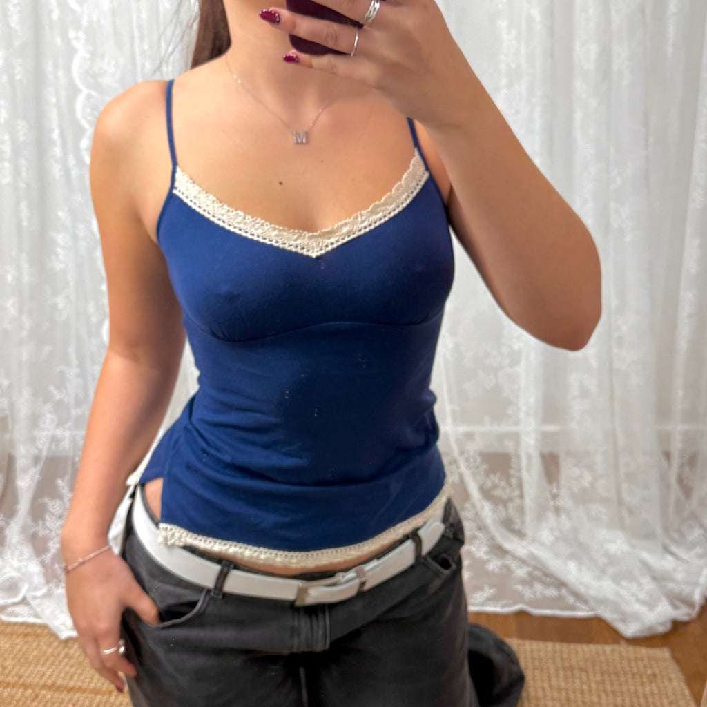 Blue and white textured cami top