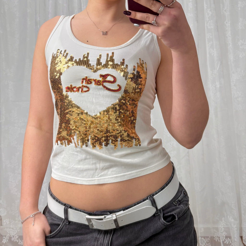 White and gold sequin tank top