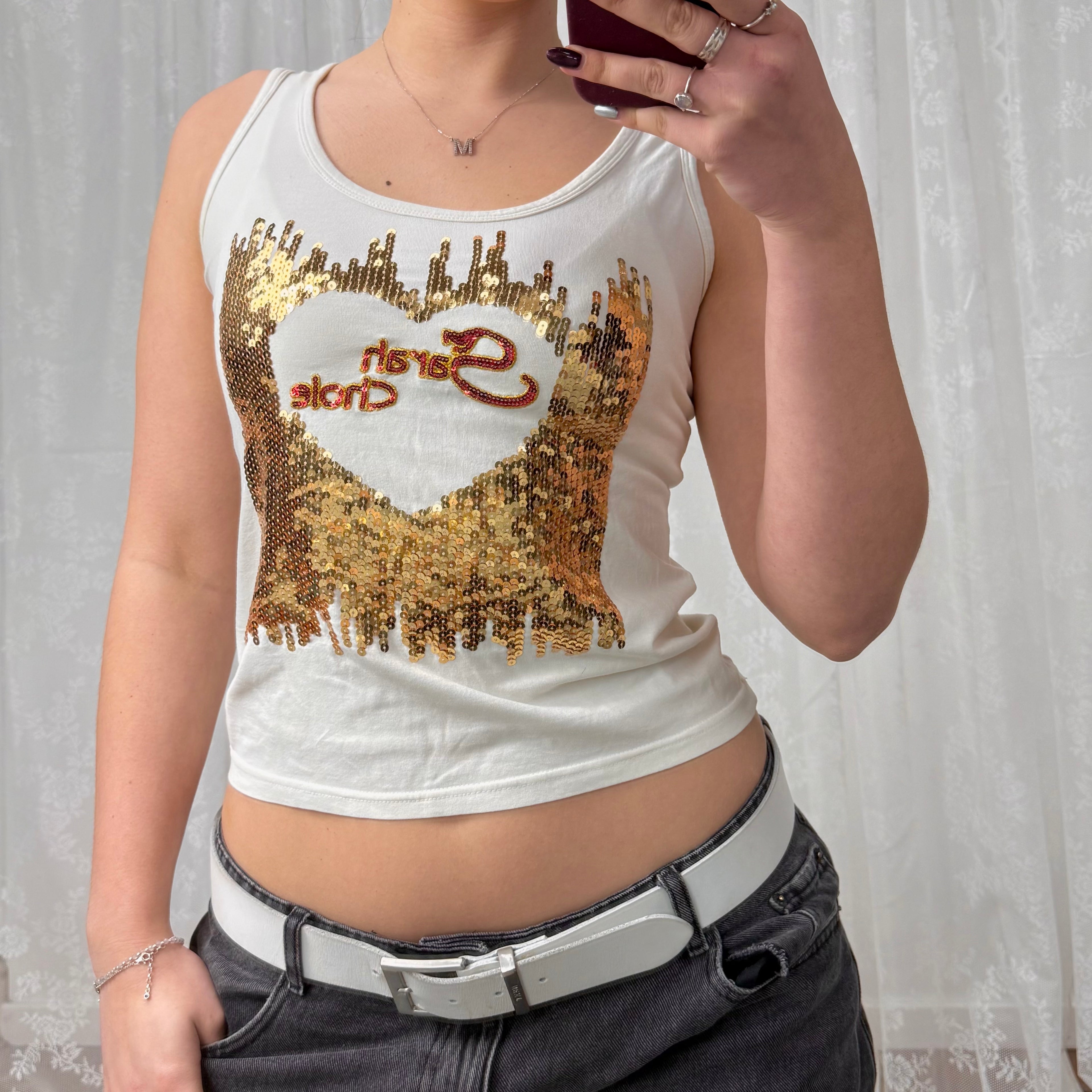 White and gold sequin tank top