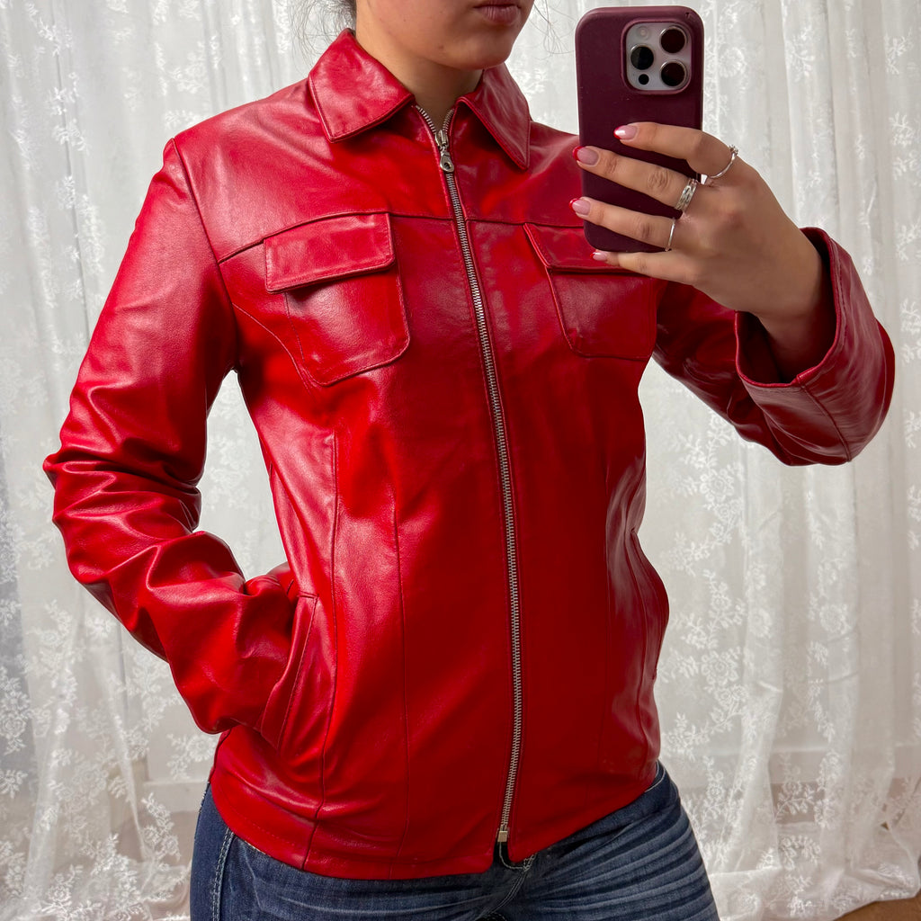 Red leather zip up collared jacket