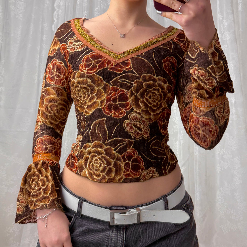 Orange and brown detailed glittery long sleeved top