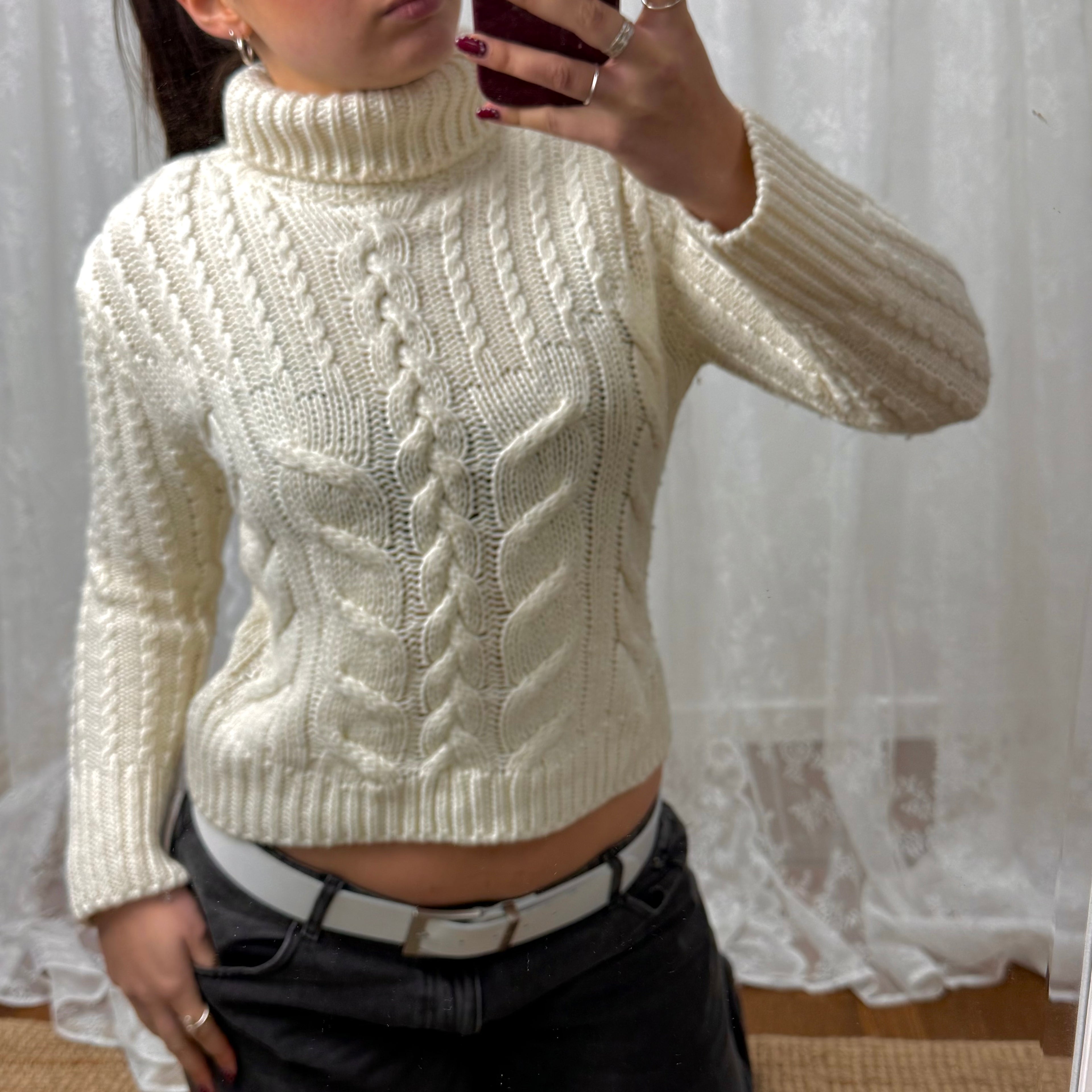 Cream cable knit turtleneck sweater