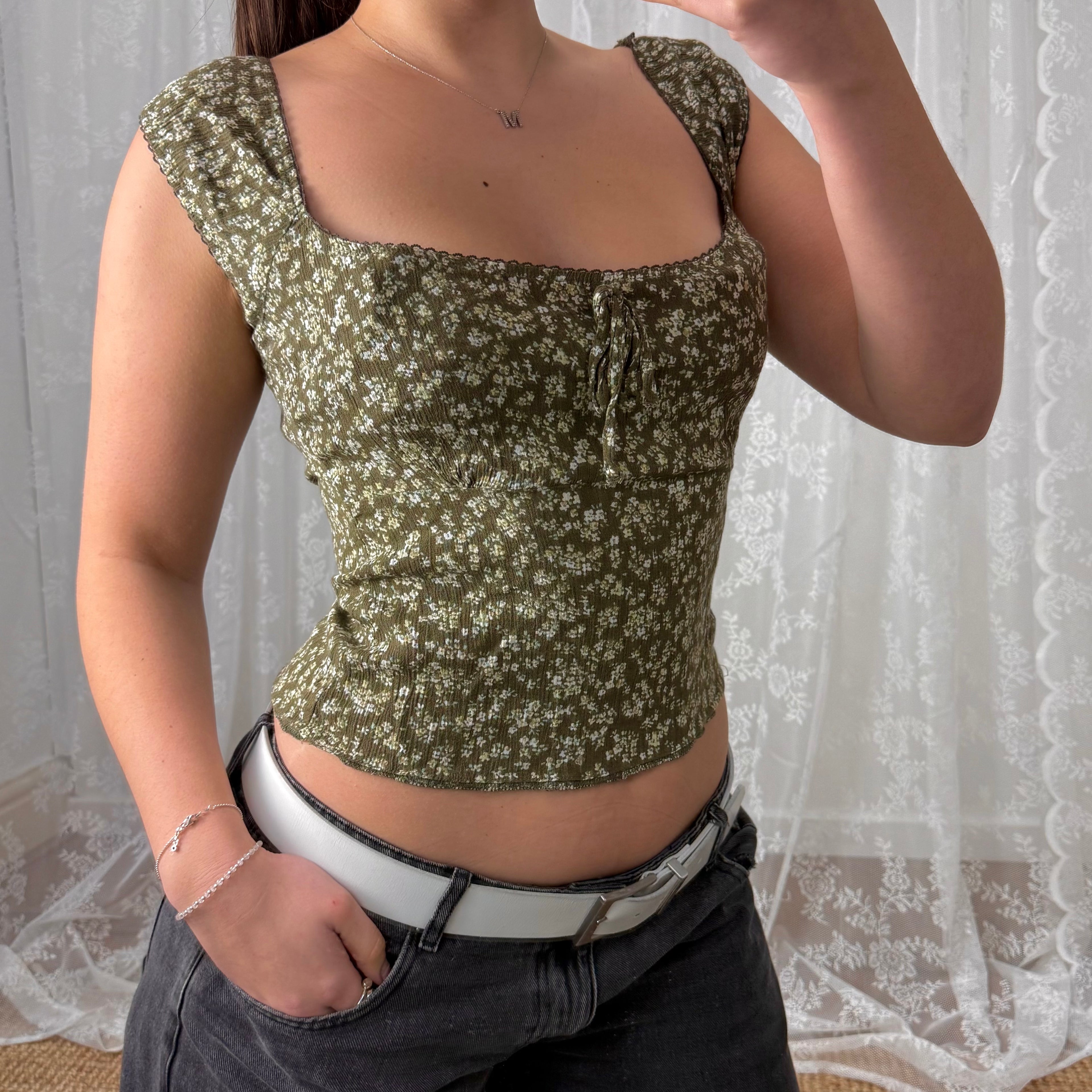 Green and white floral milkmaid style top