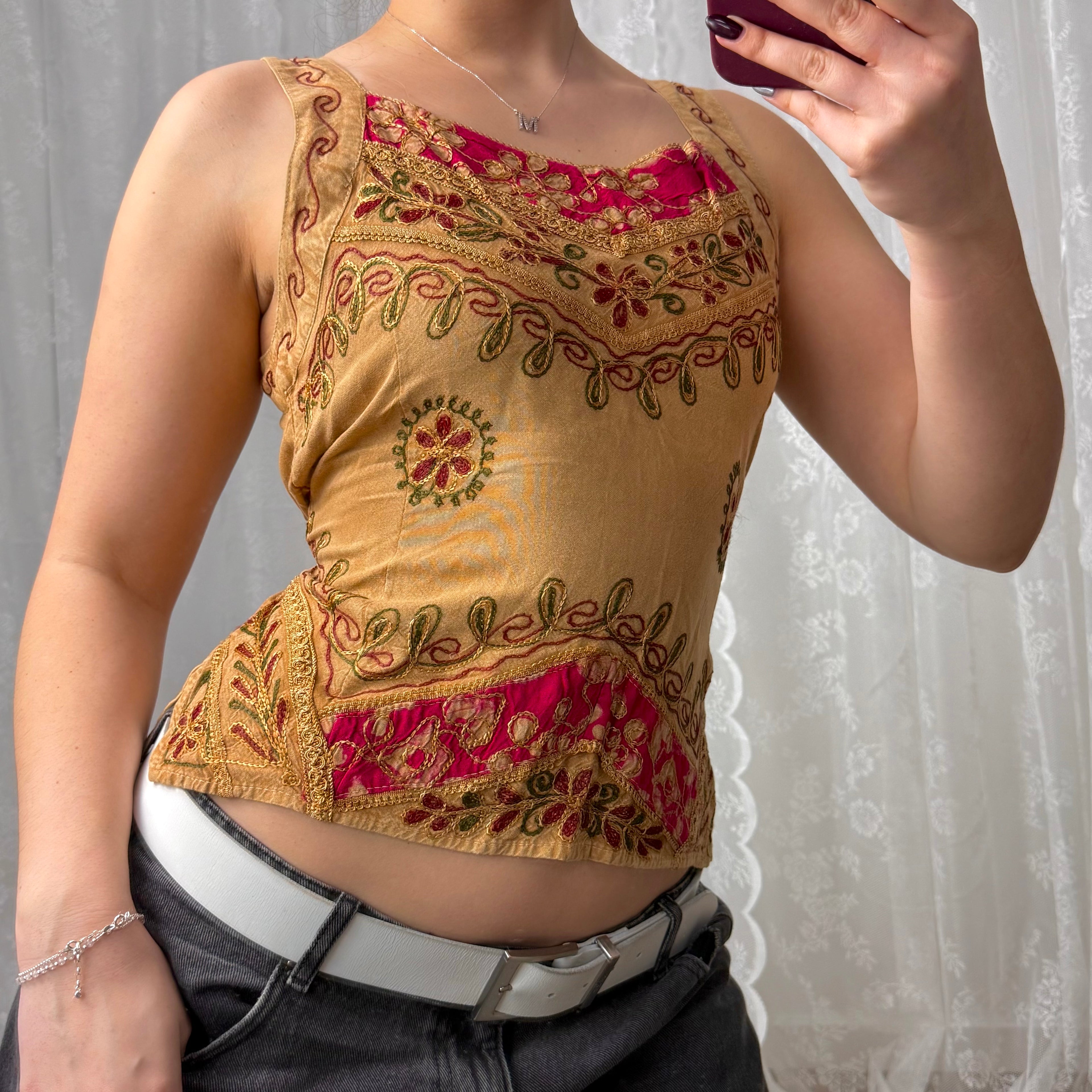 Beige embroided top with tie back
