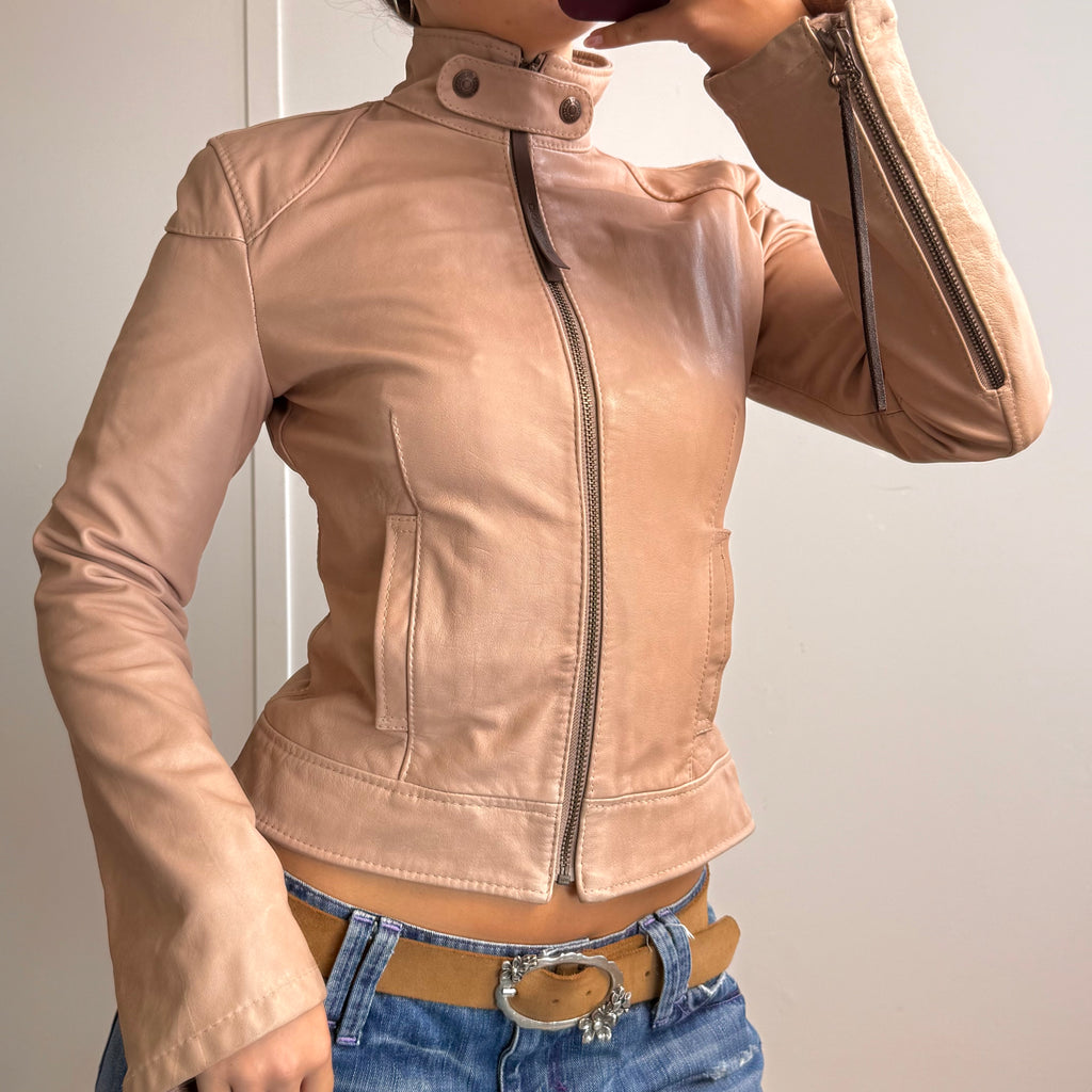 Pale pink/beige leather zip up jacket