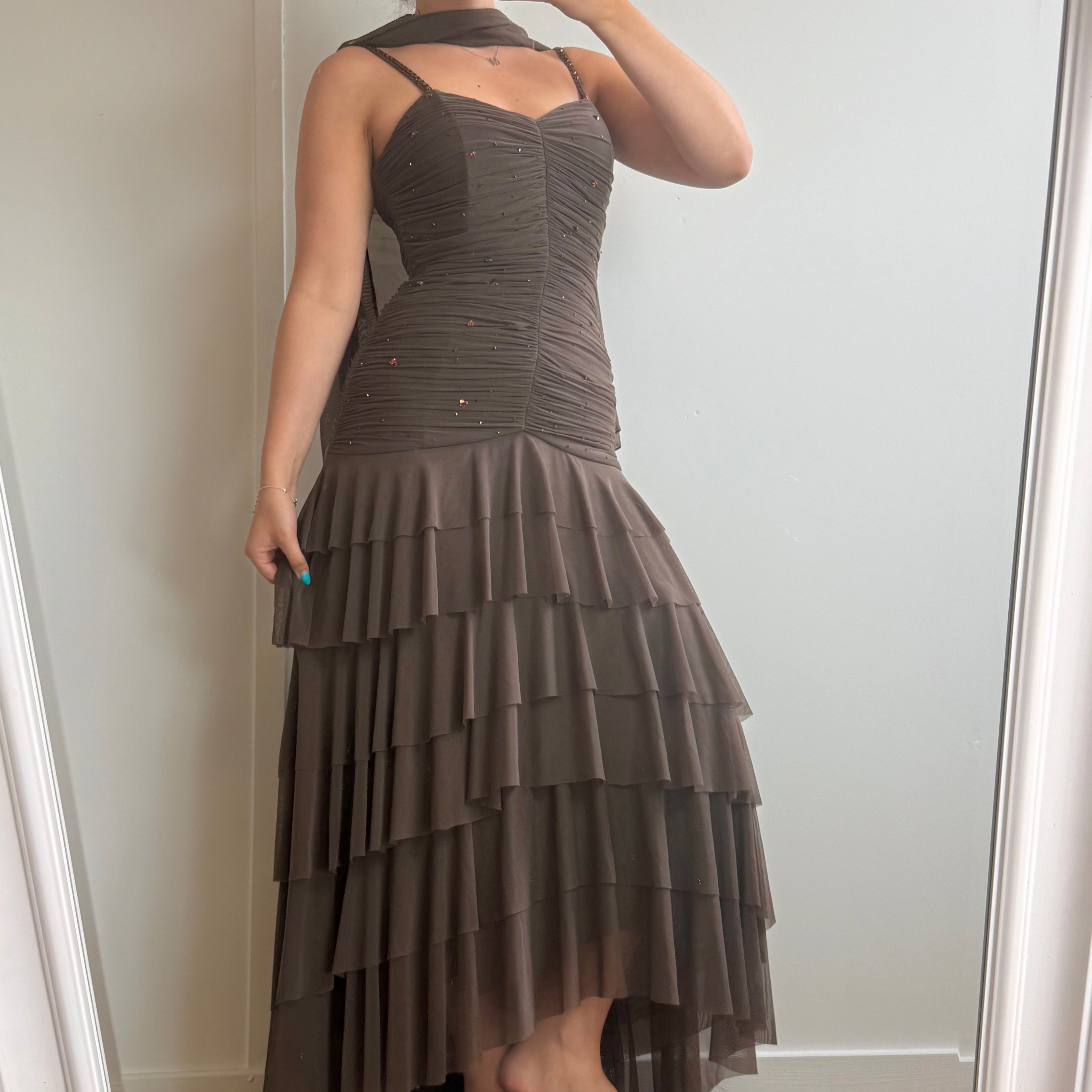 Brown waterfall beaded dress