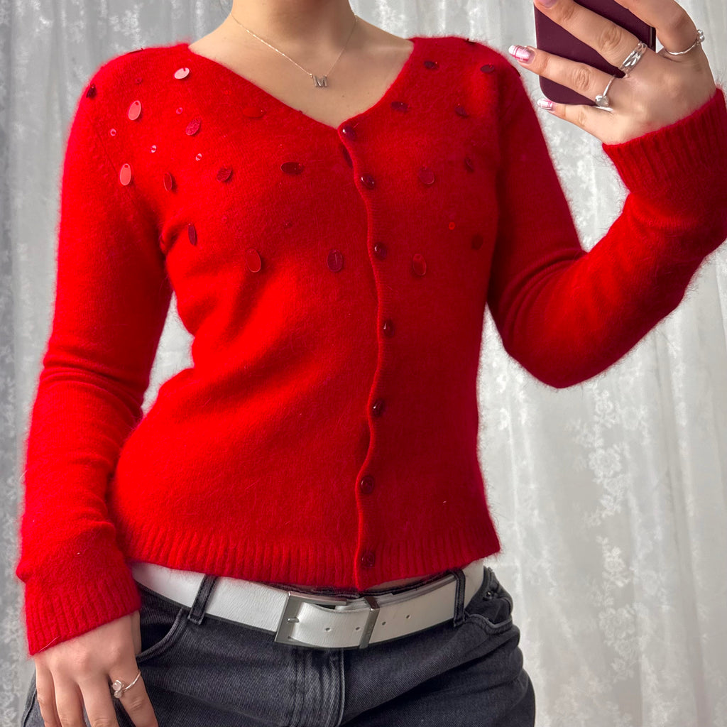 Red sequin button up cardigan
