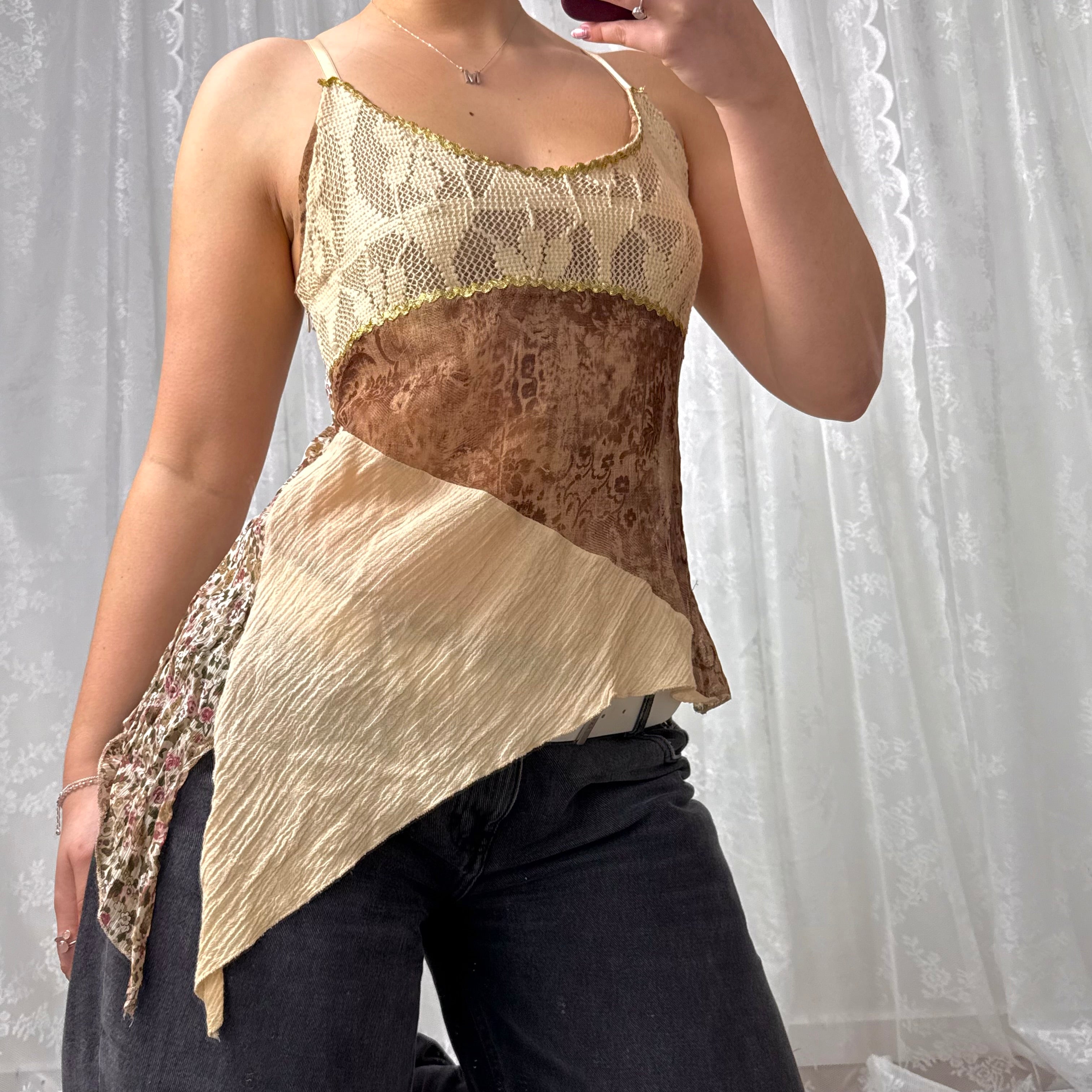 Beige patchwork asymmetrical cami top