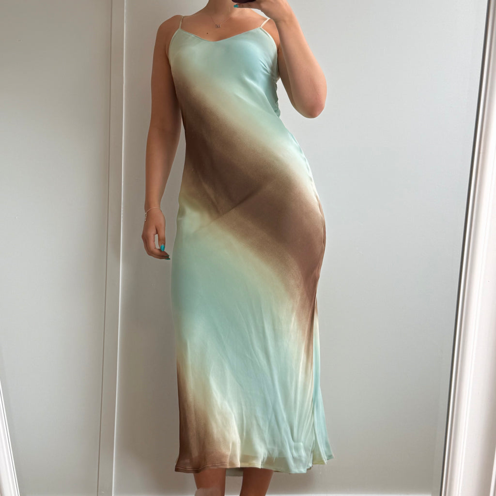 Blue and brown fitted mesh maxi dress