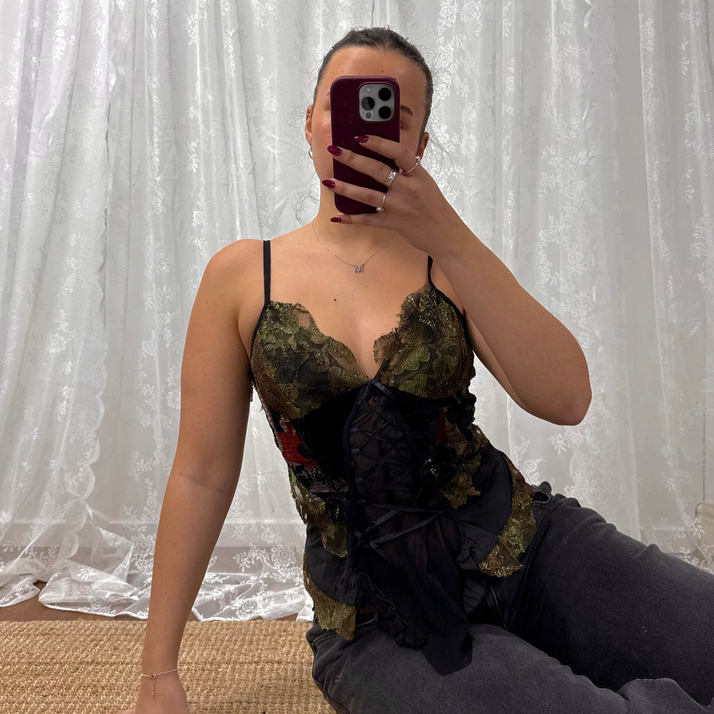 Black and green shiny corset style top