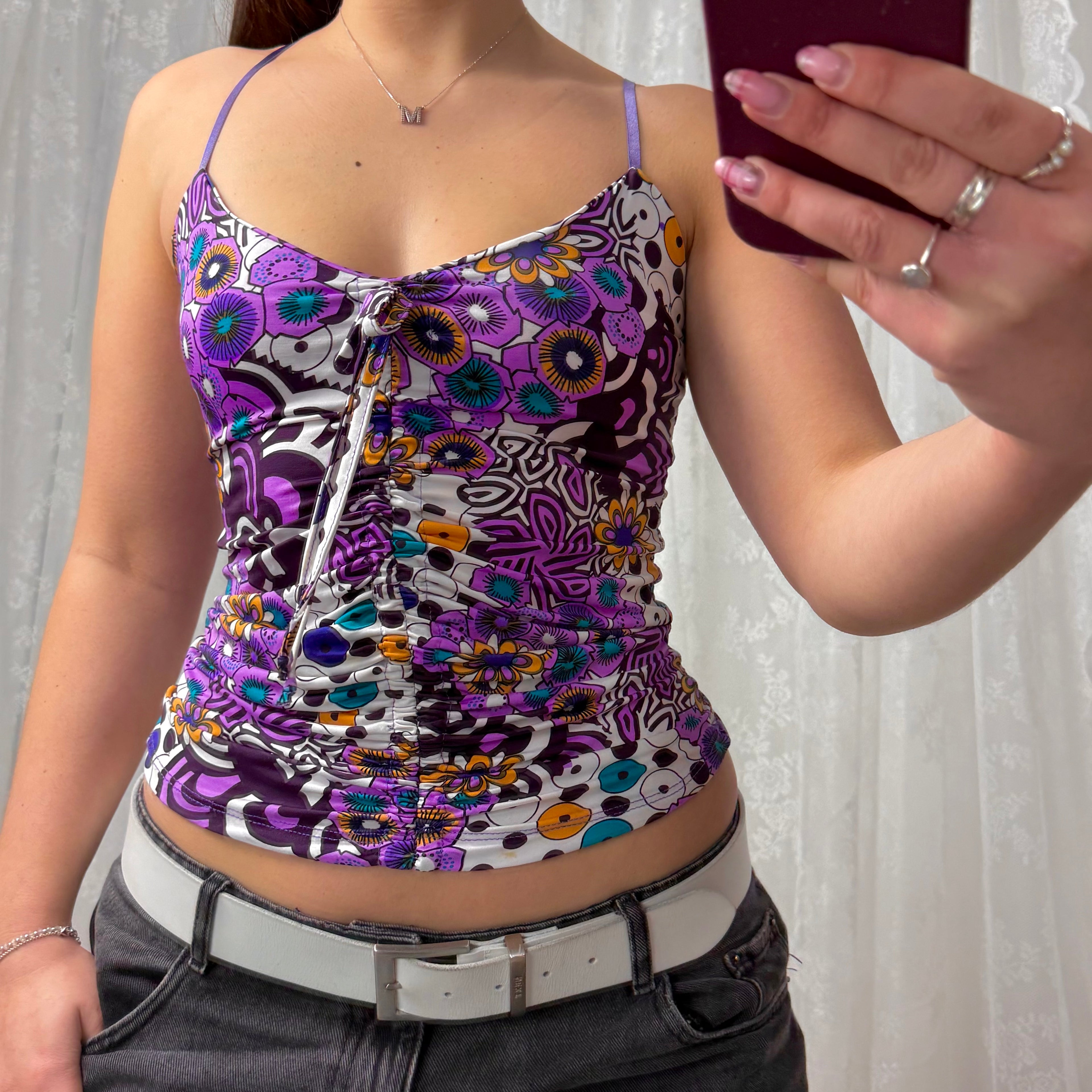 Purple and white paisley slinky ruched cami top