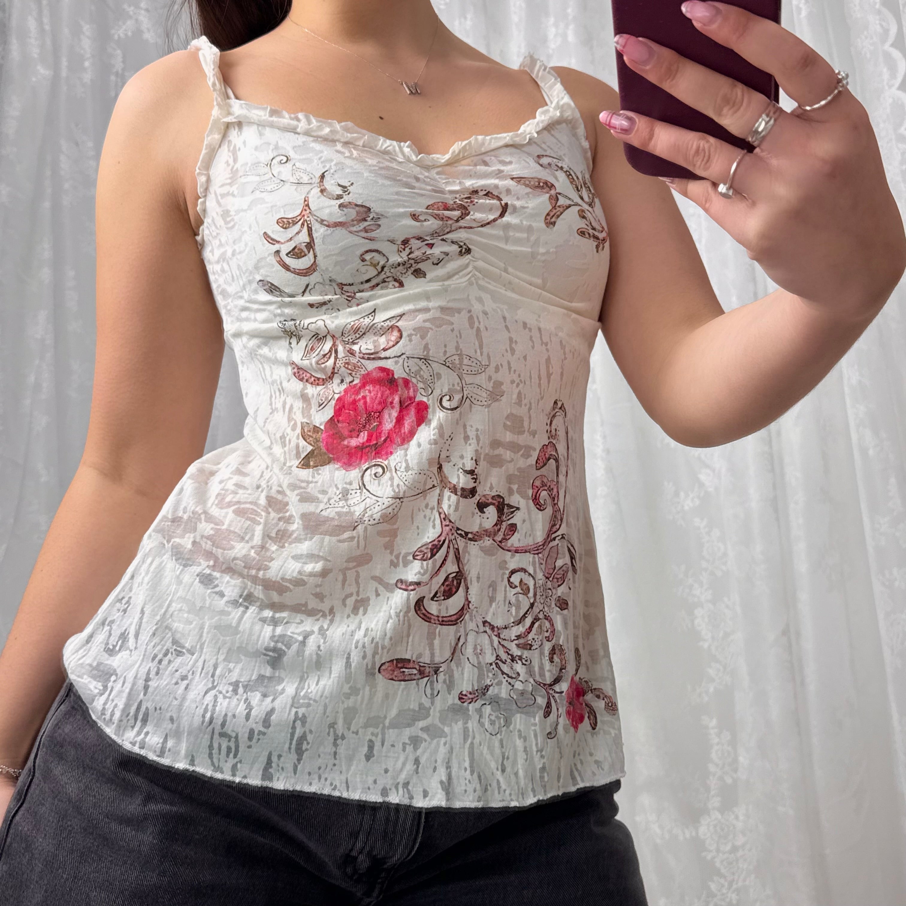 White patterned ruffle cami top with patterned detail