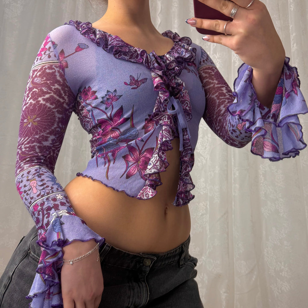 Purple patterned mesh long sleeve floaty top