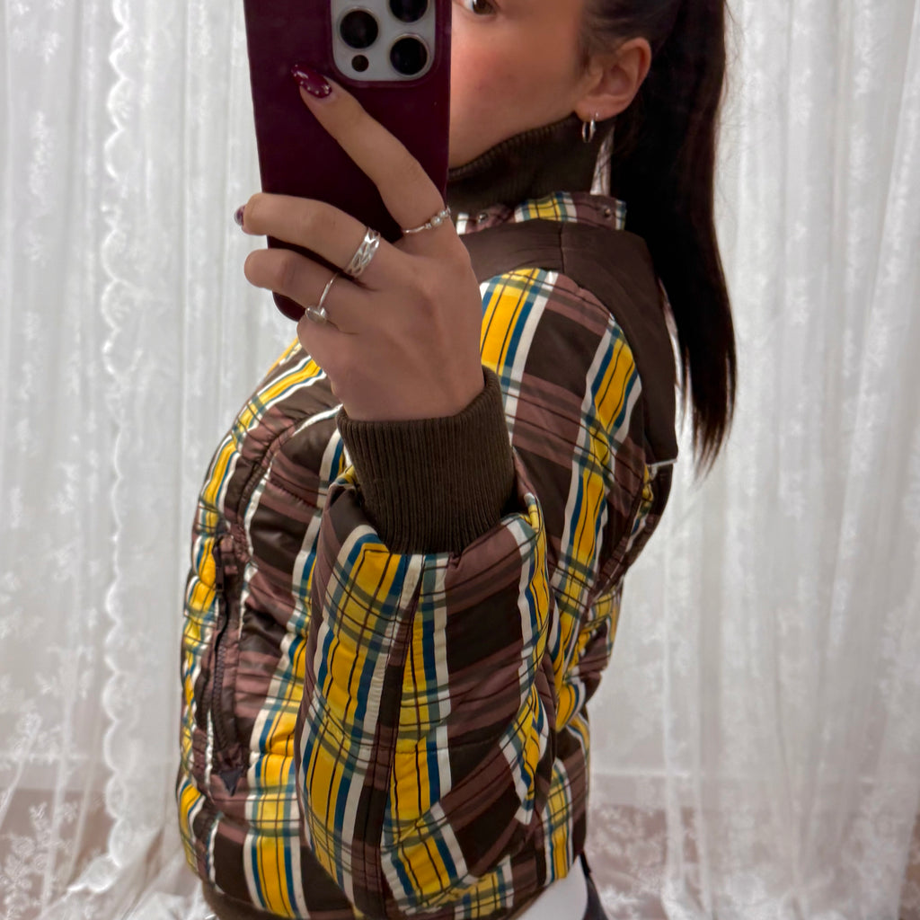 Brown and yellow vintage checkered padded jacket