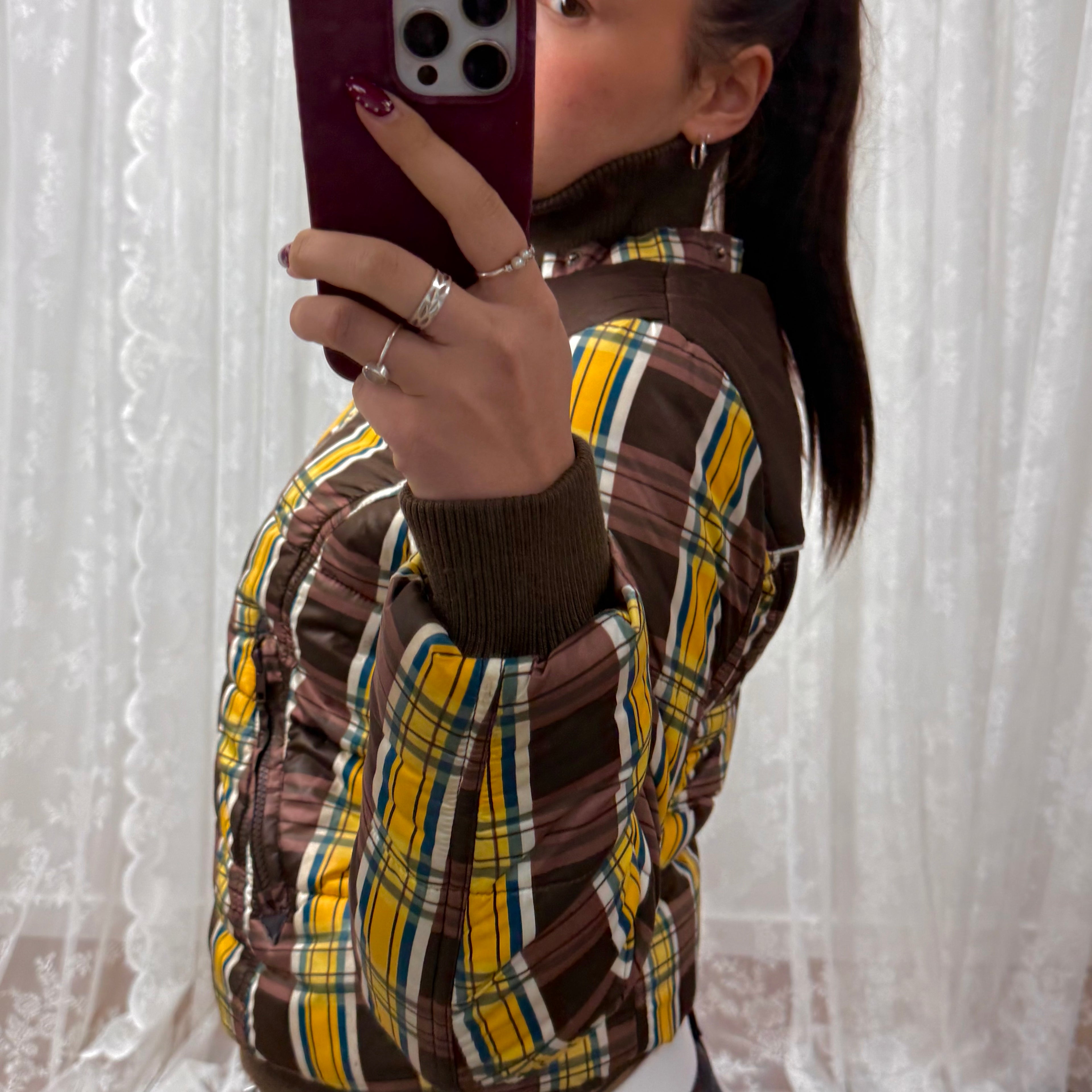 Brown and yellow vintage checkered padded jacket