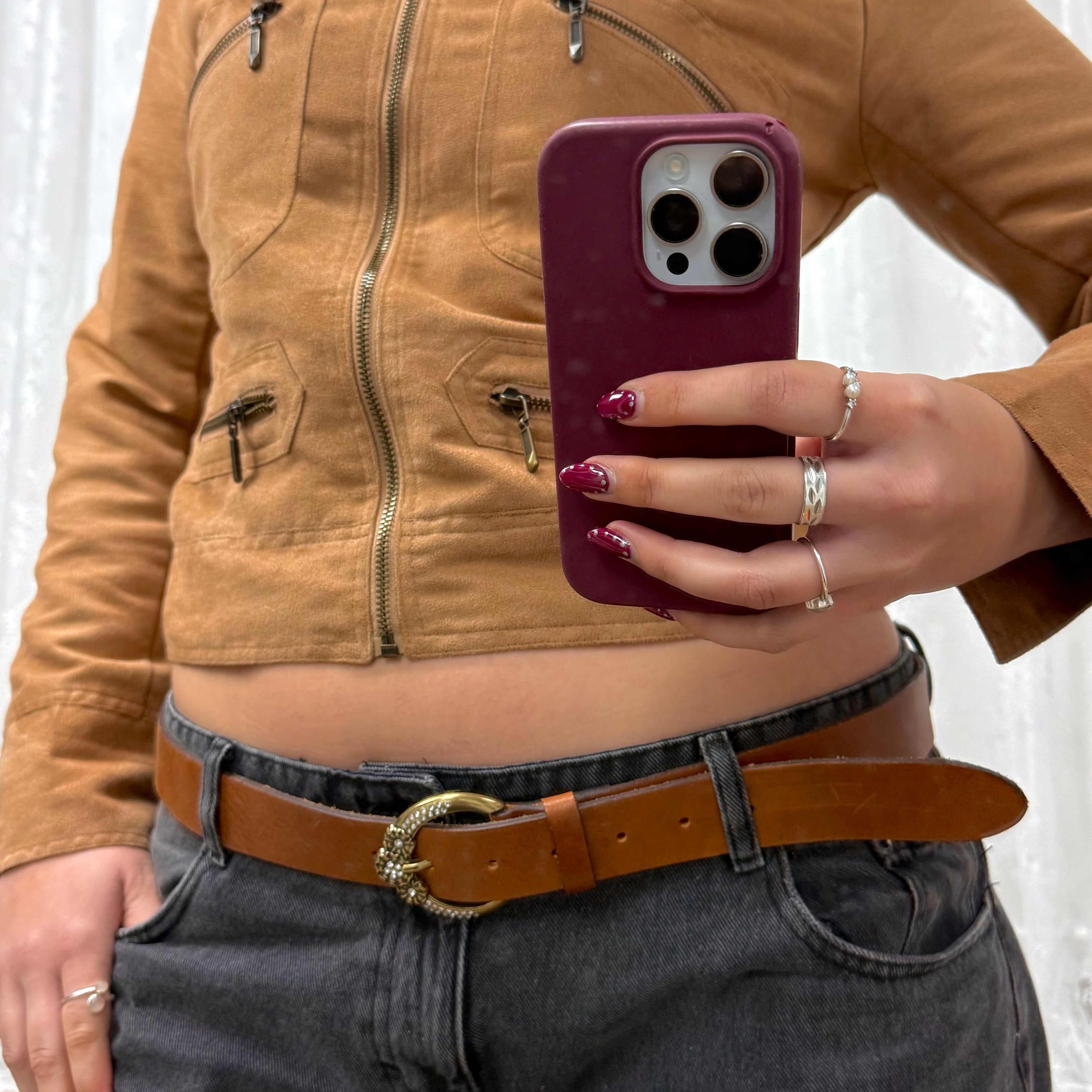 Tan leather diamanté buckle belt