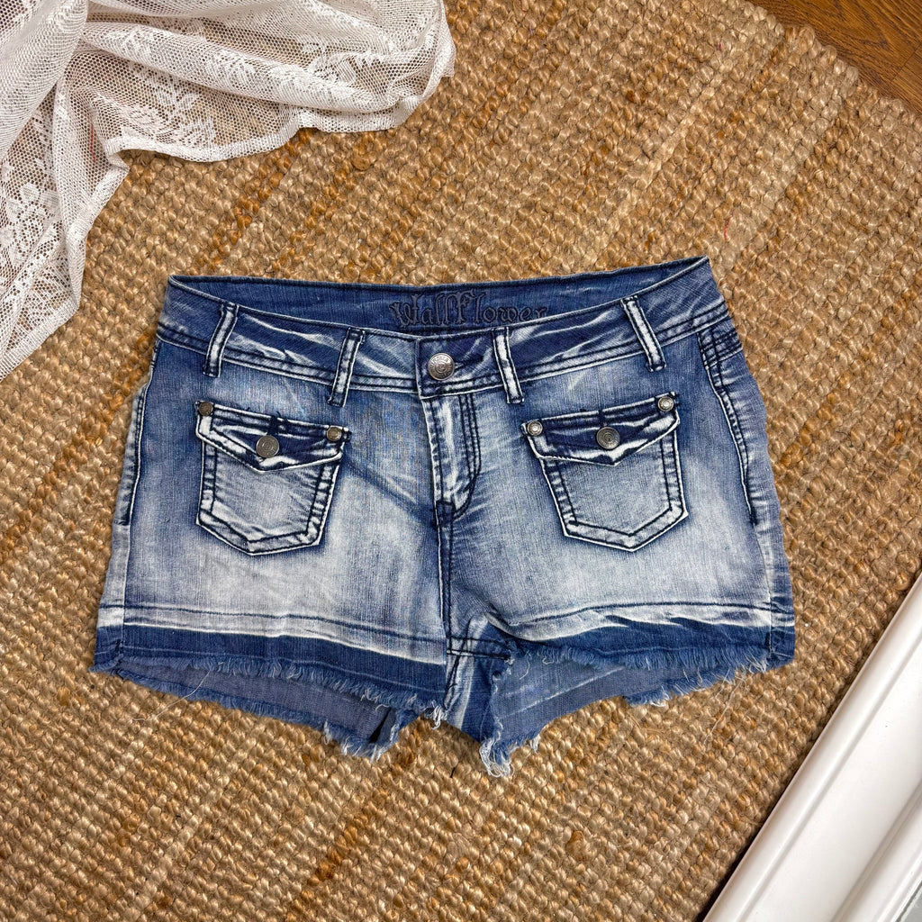 Blue denim studded mini shorts