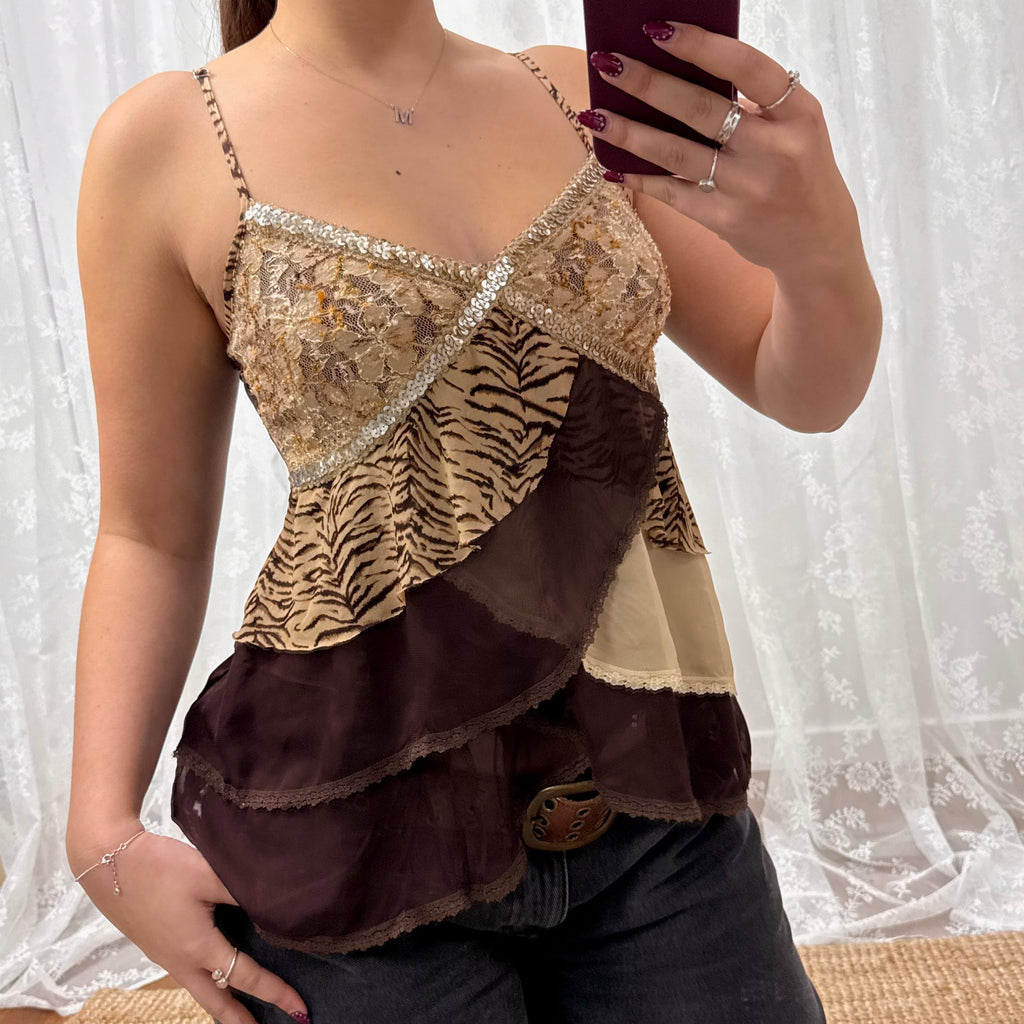 Gold and brown sequin floaty cami top