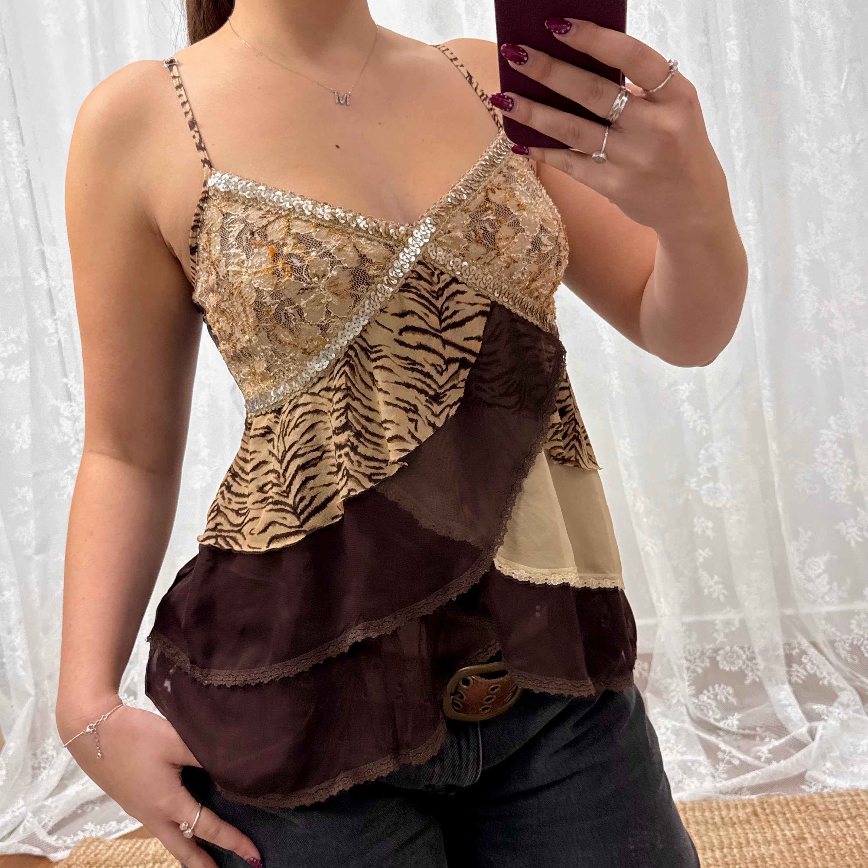 Gold and brown sequin floaty cami top
