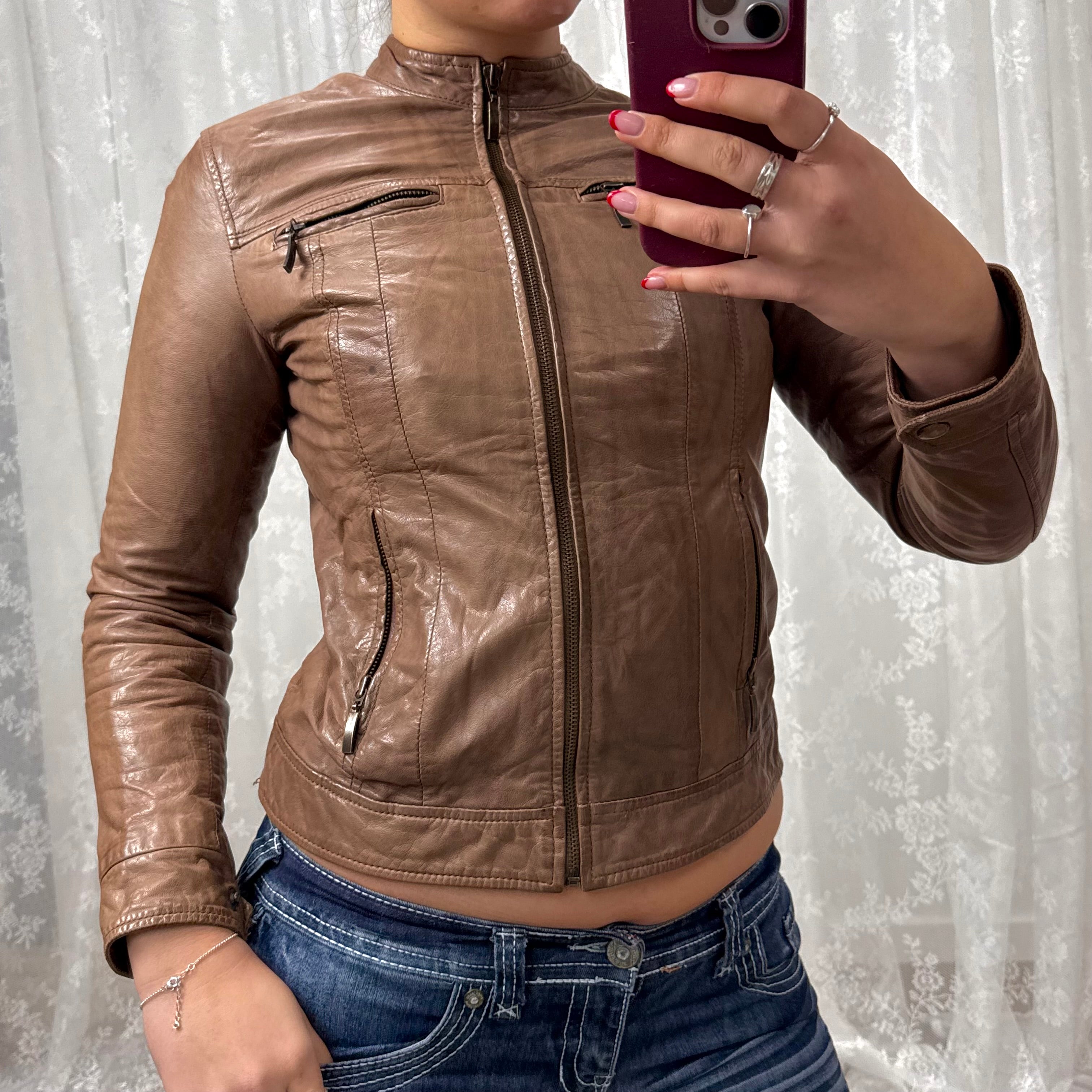 Brown leather zip up jacket