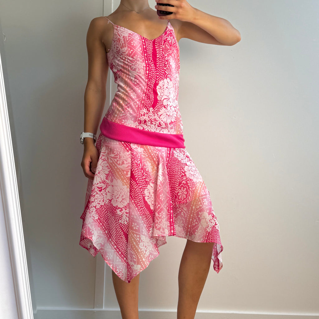 Pink patterned mesh midi dress