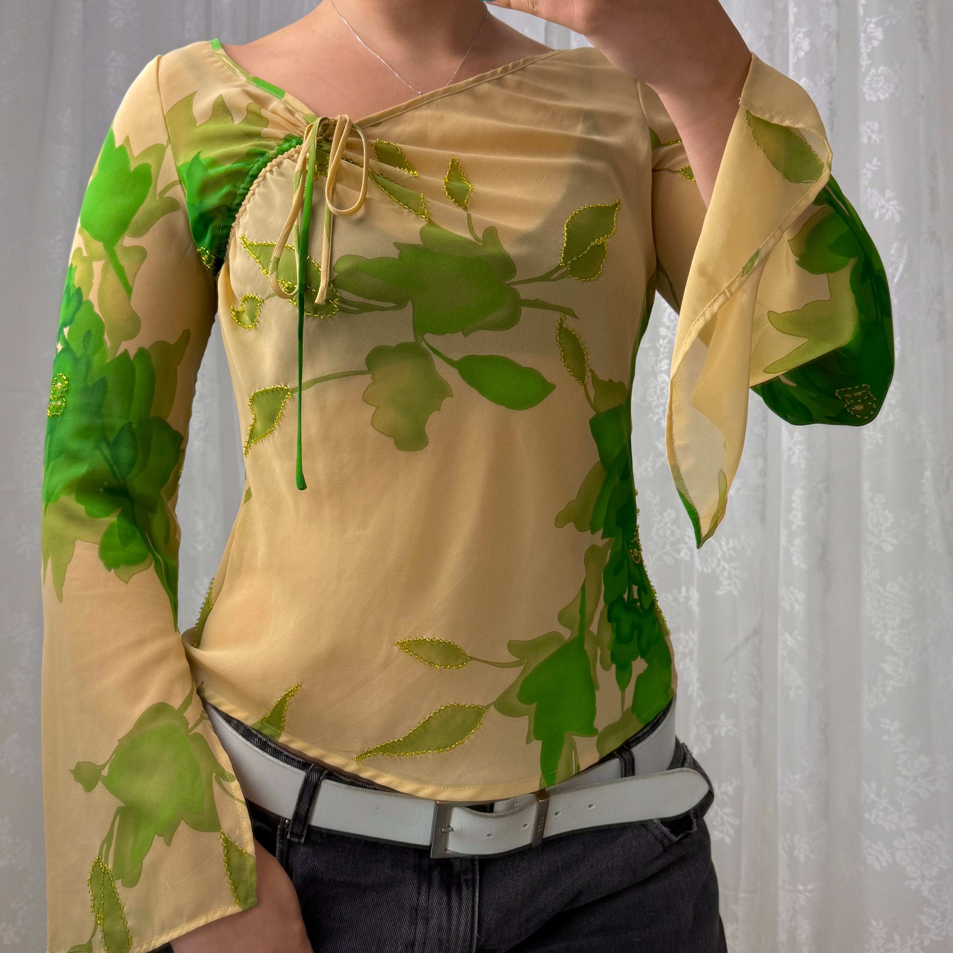 Beige and green beaded mesh long sleeve with tie detail