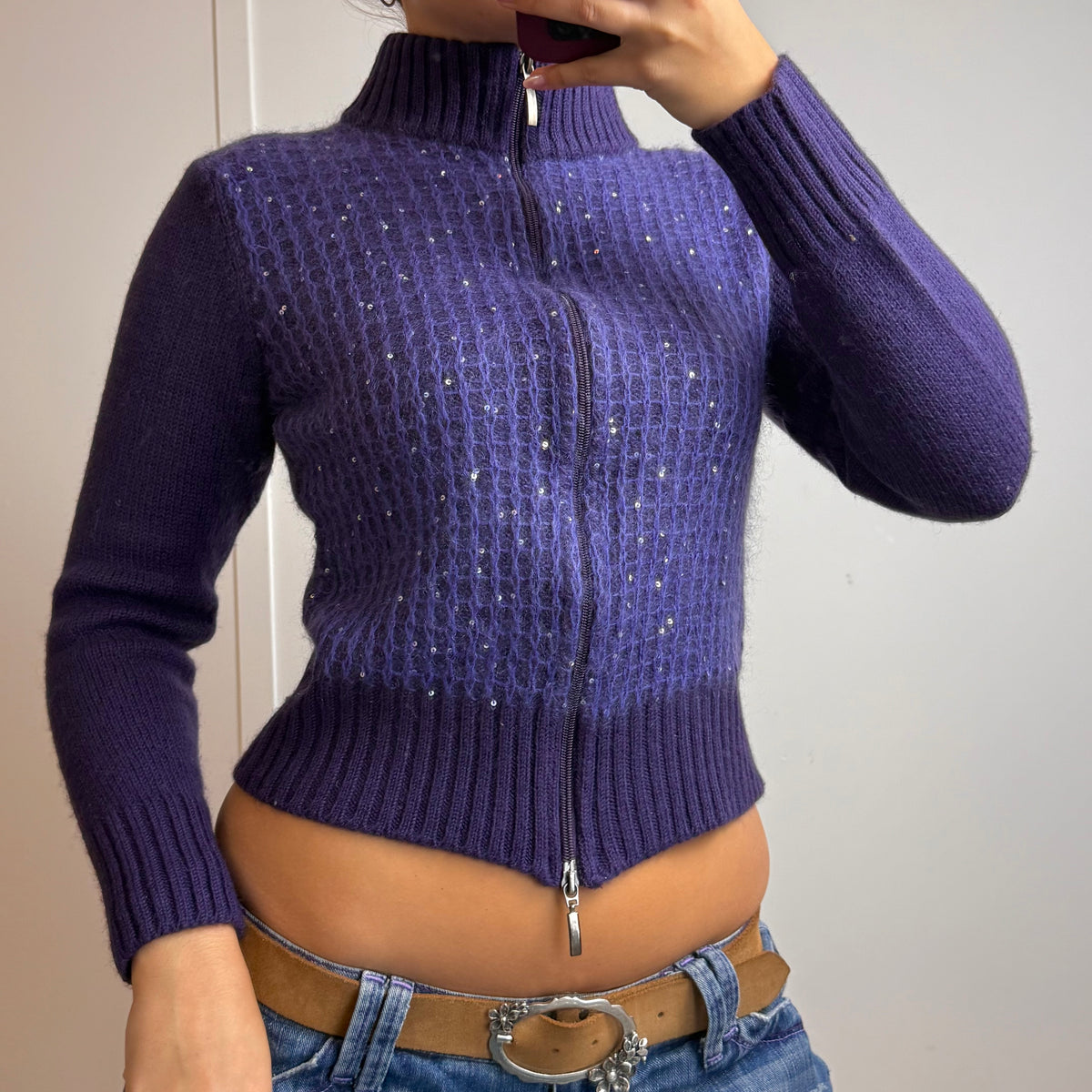 Purple double zip detailed sweater