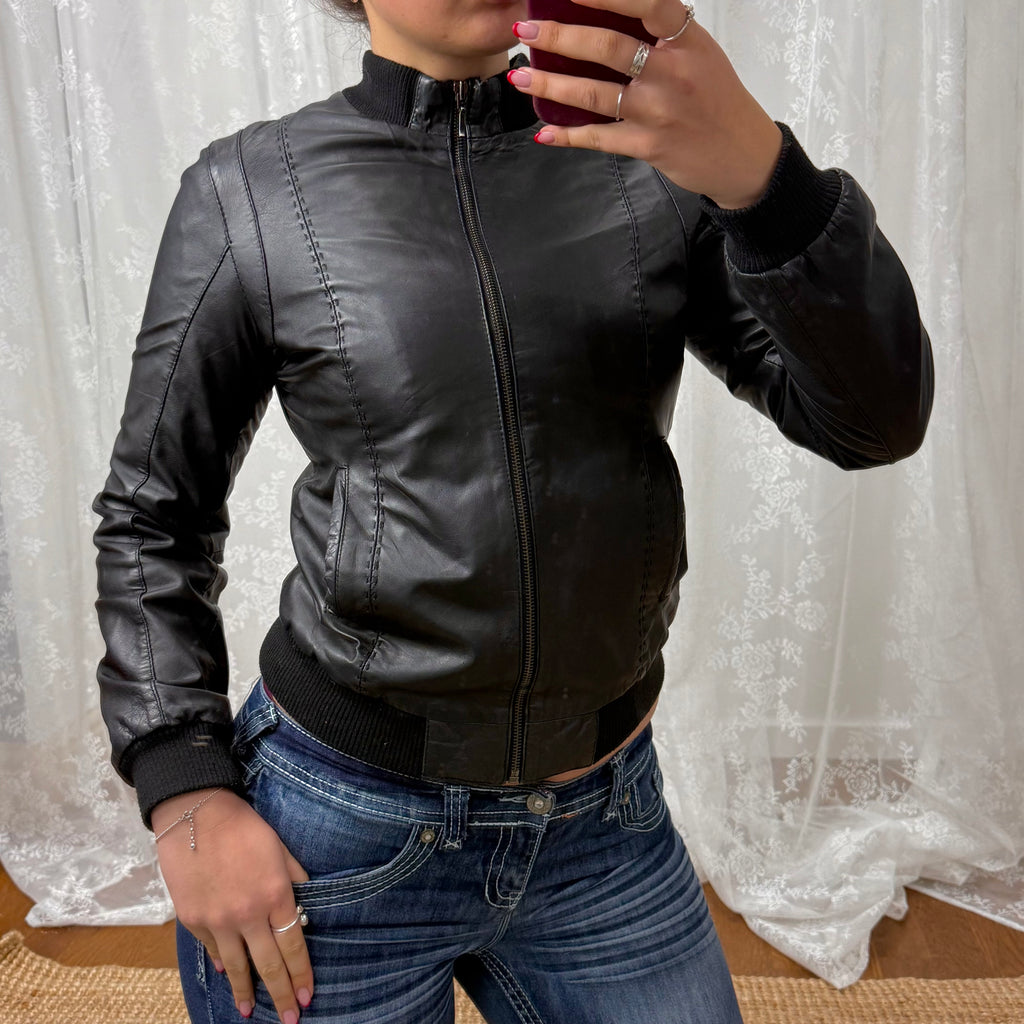 Black leather zip up bomber jacket