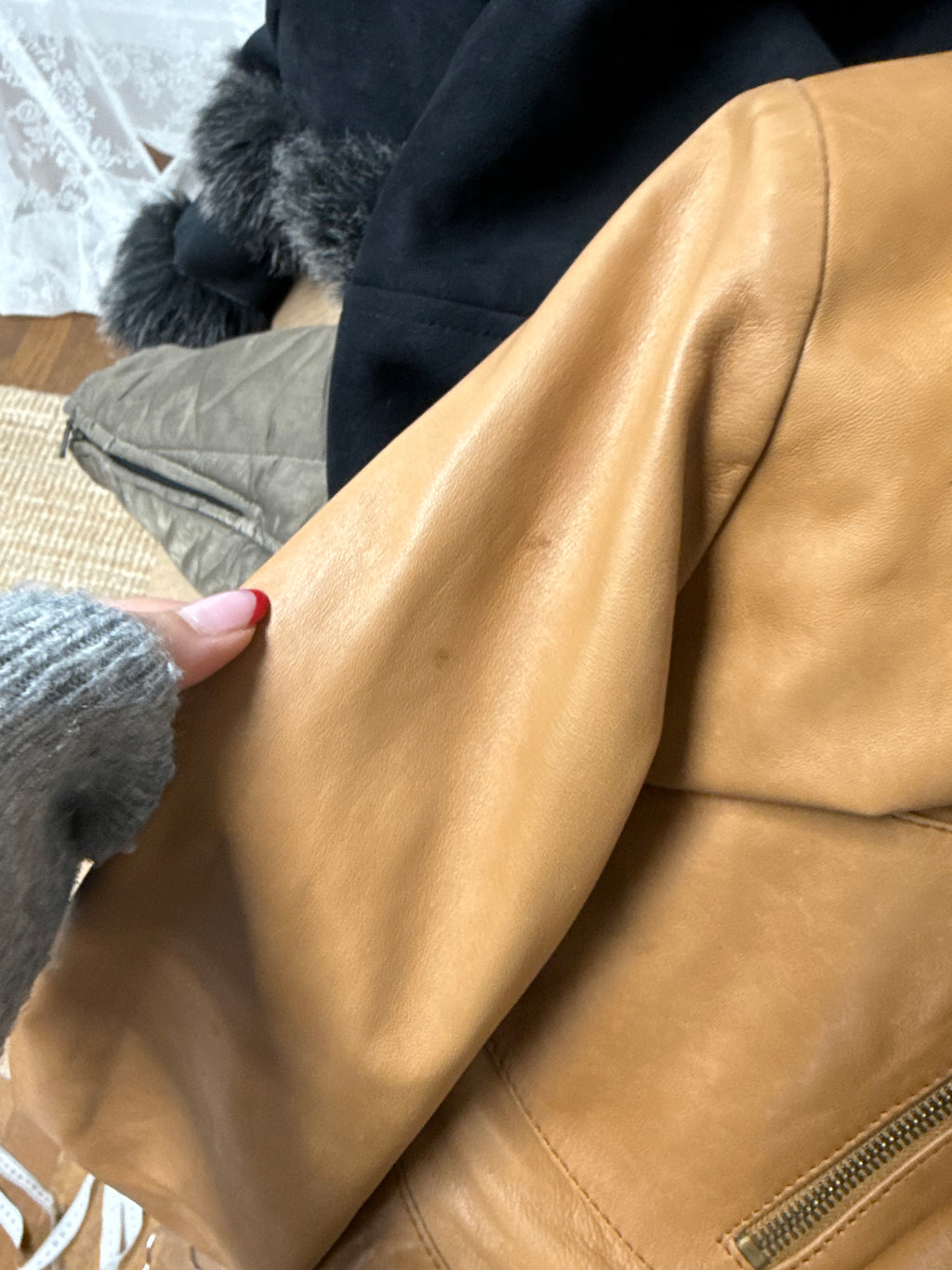 Tan cropped leather jacket with collared detail