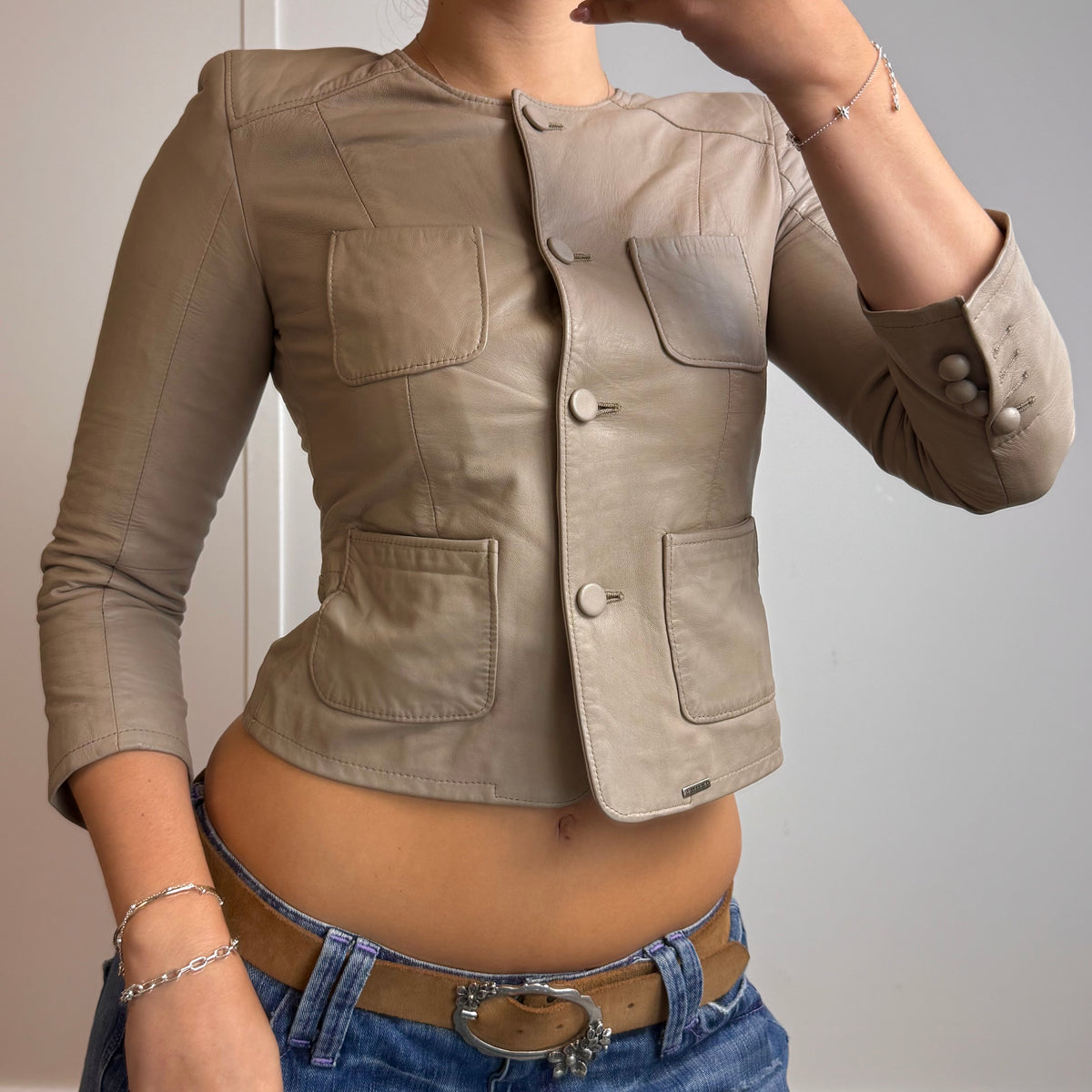 Beige leather button up jacket