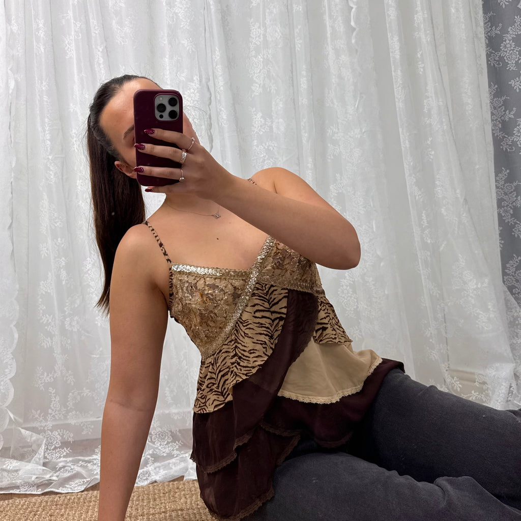 Gold and brown sequin floaty cami top