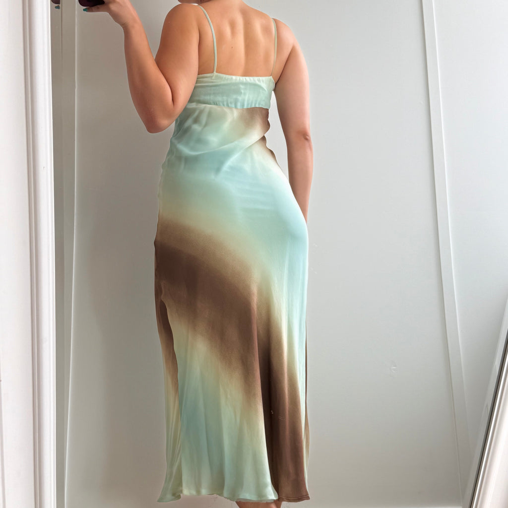 Blue and brown fitted mesh maxi dress