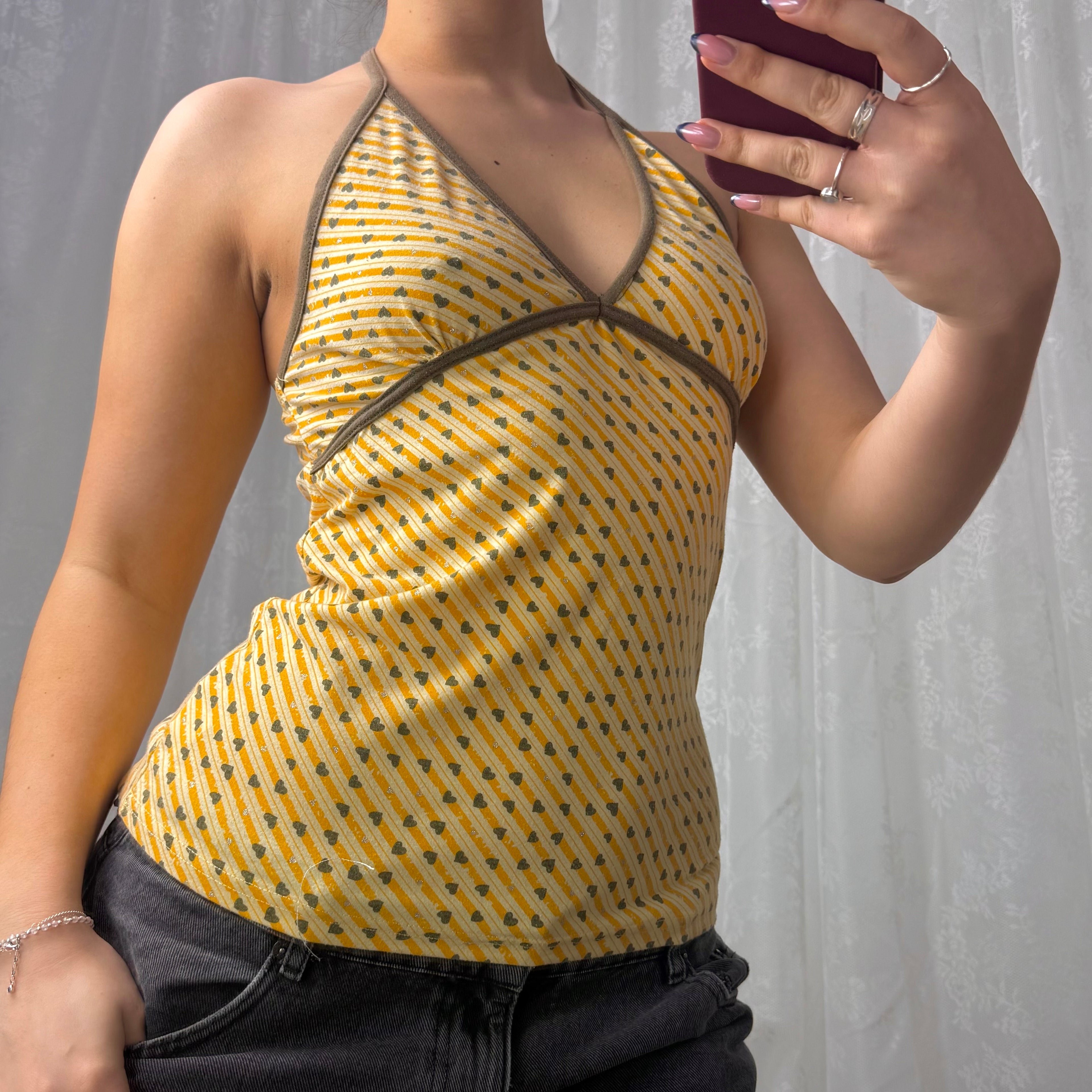 Yellow love heart patterned halterneck top