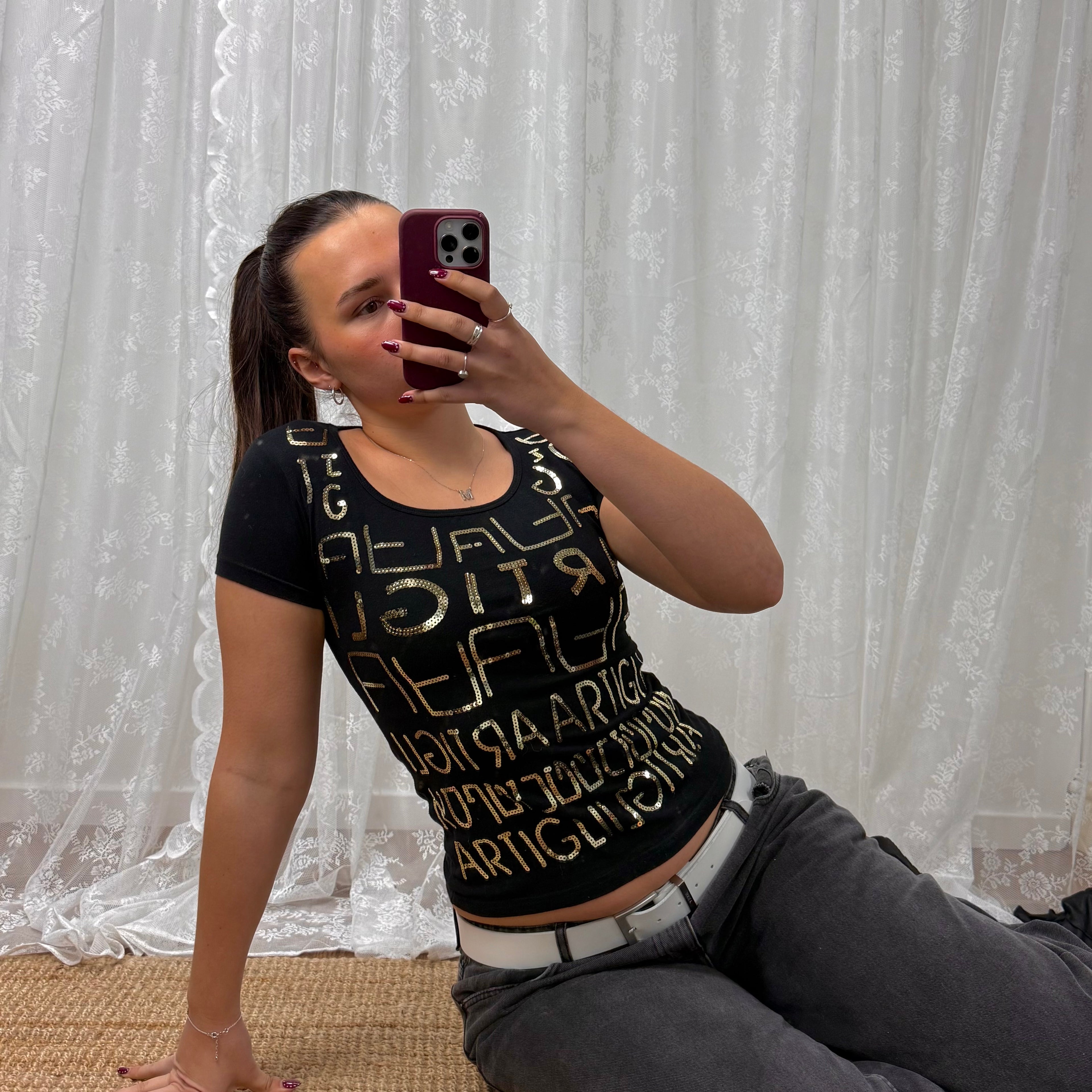 Black gold sequin baby tee