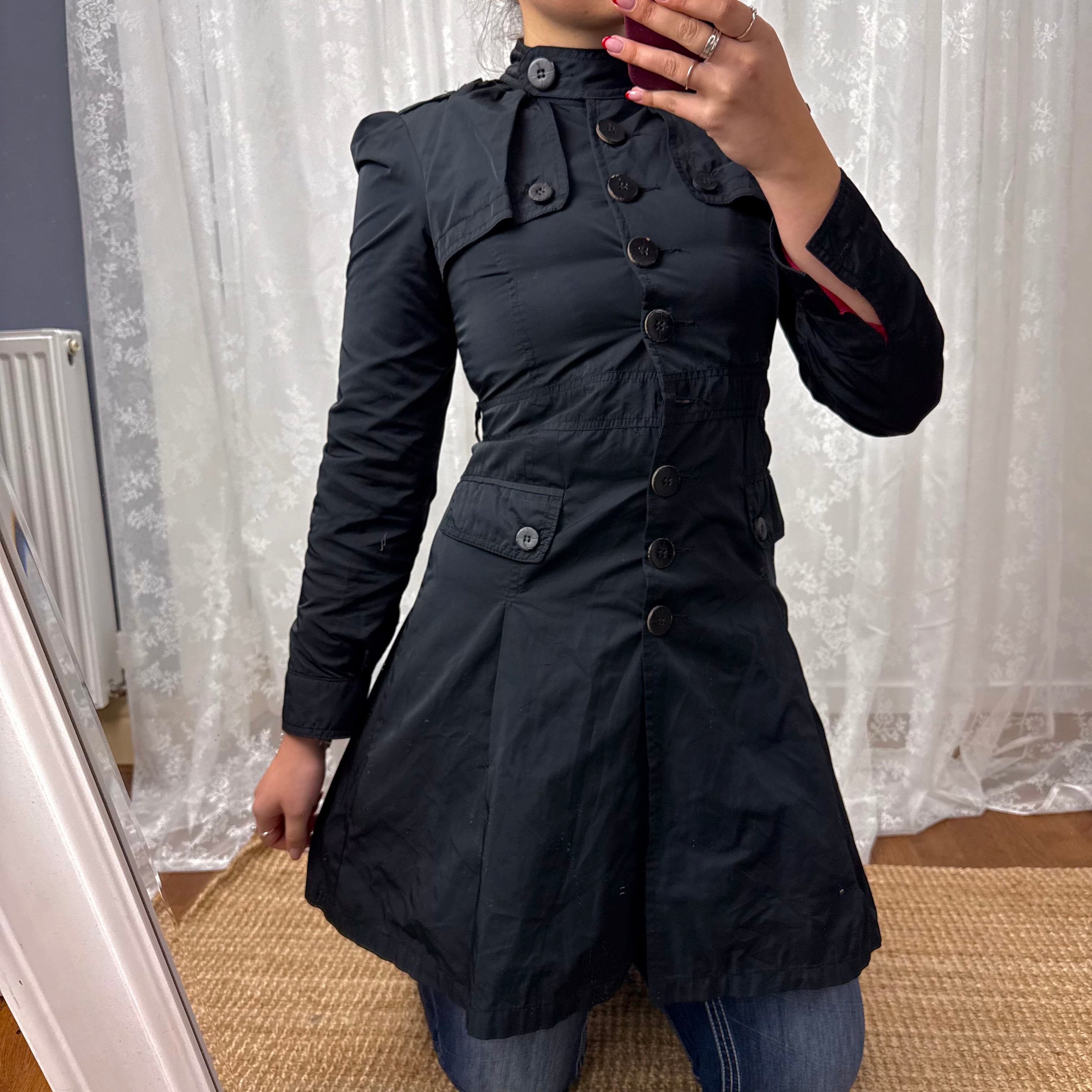 Black shiny Longlined button up jacket