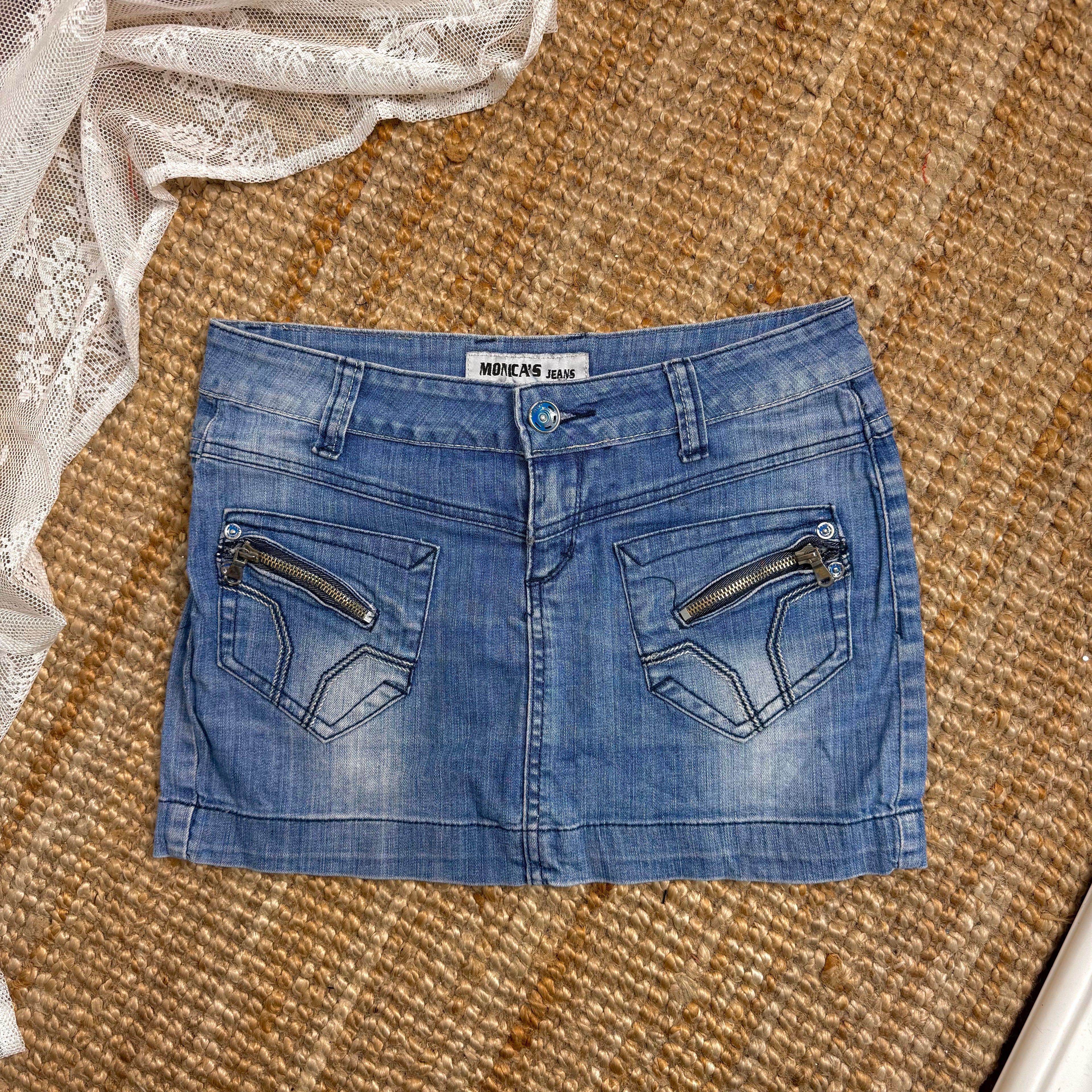 Blue denim zip mini skirt