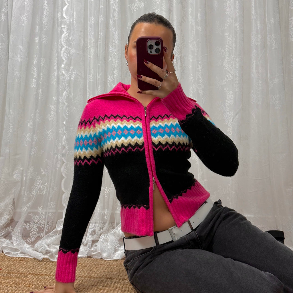 Double zip vintage 2000s pink patterned jumper