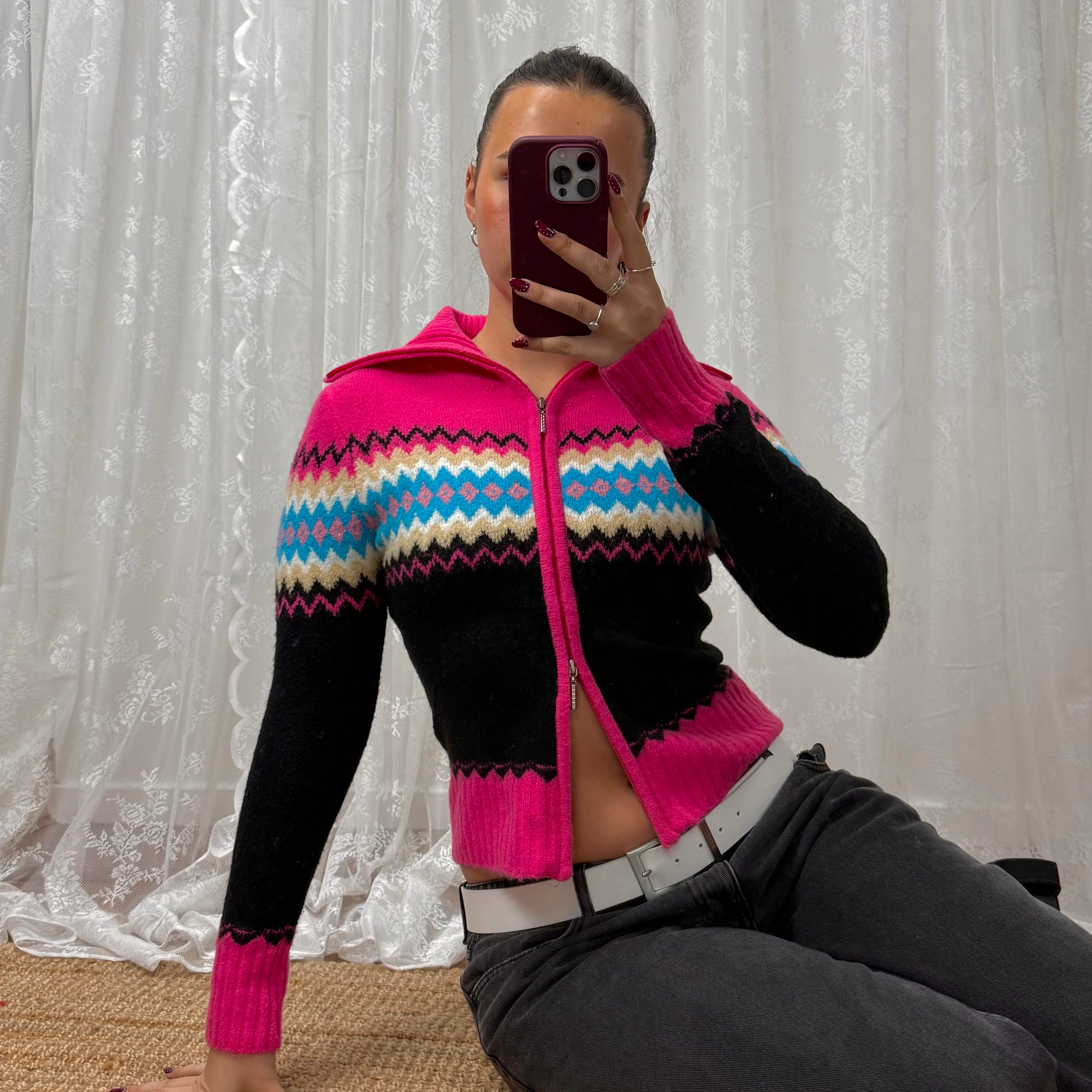 Double zip vintage 2000s pink patterned jumper