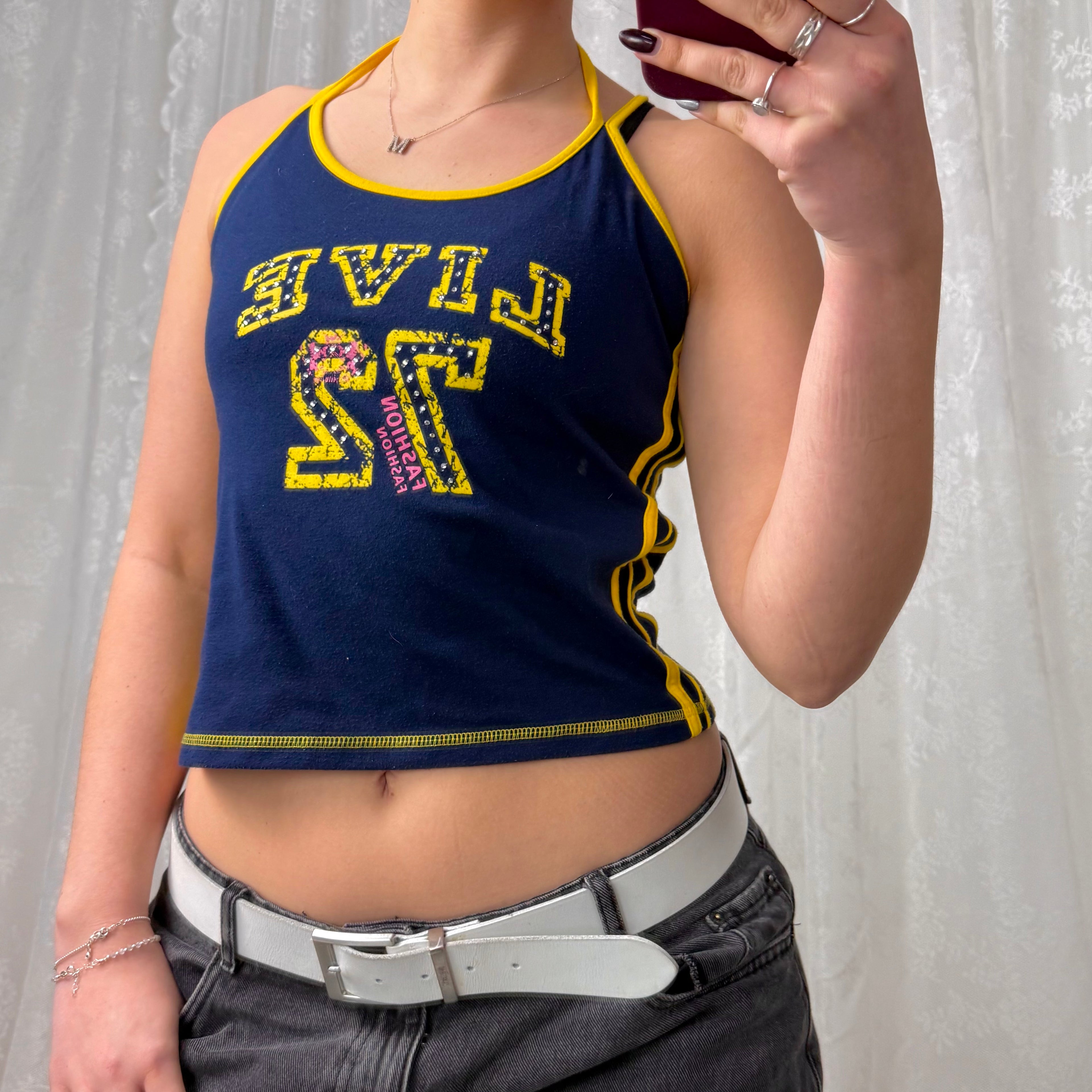 Blue and yellow detailed tank top with halterneck detail