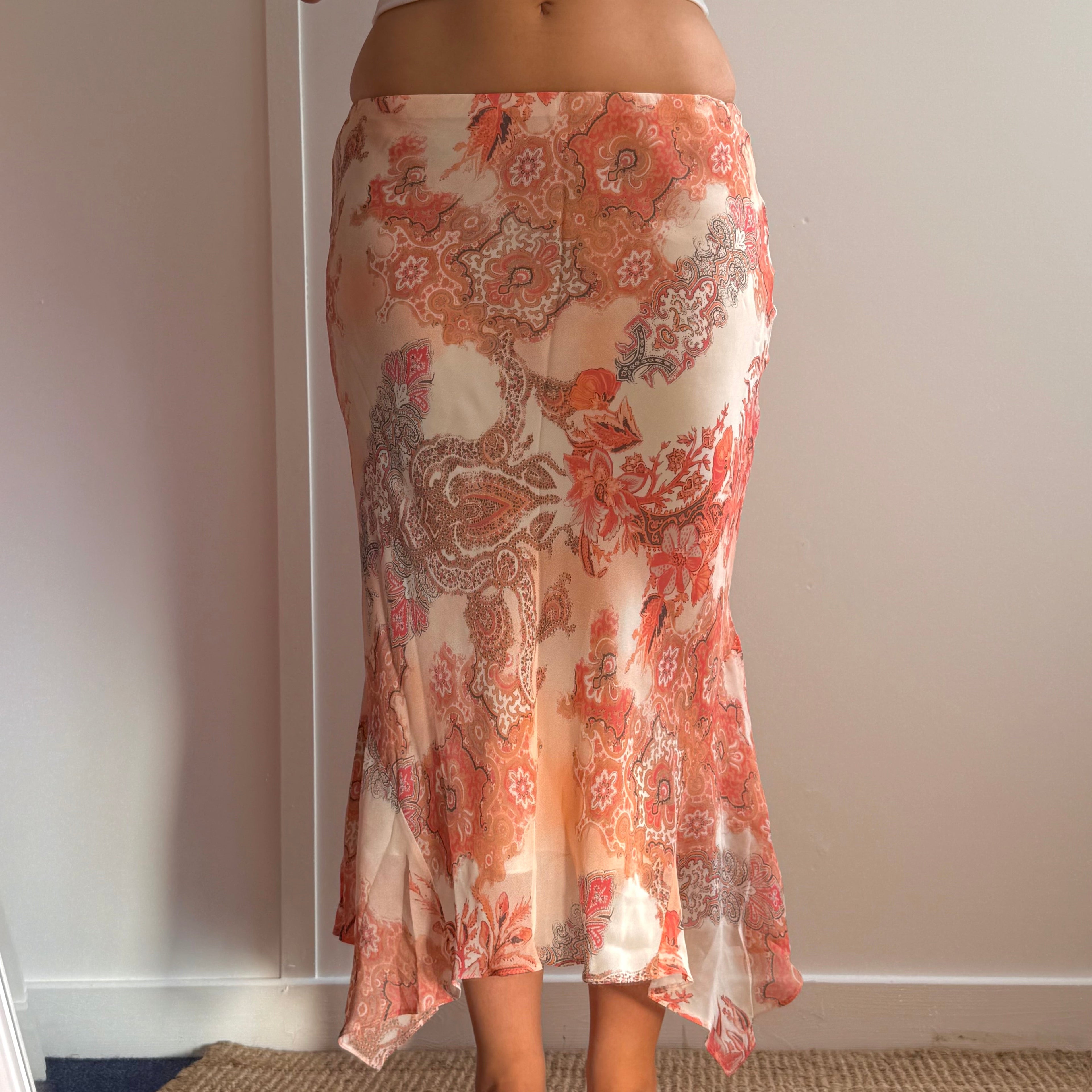 Orange paisley patterned mesh midi skirt