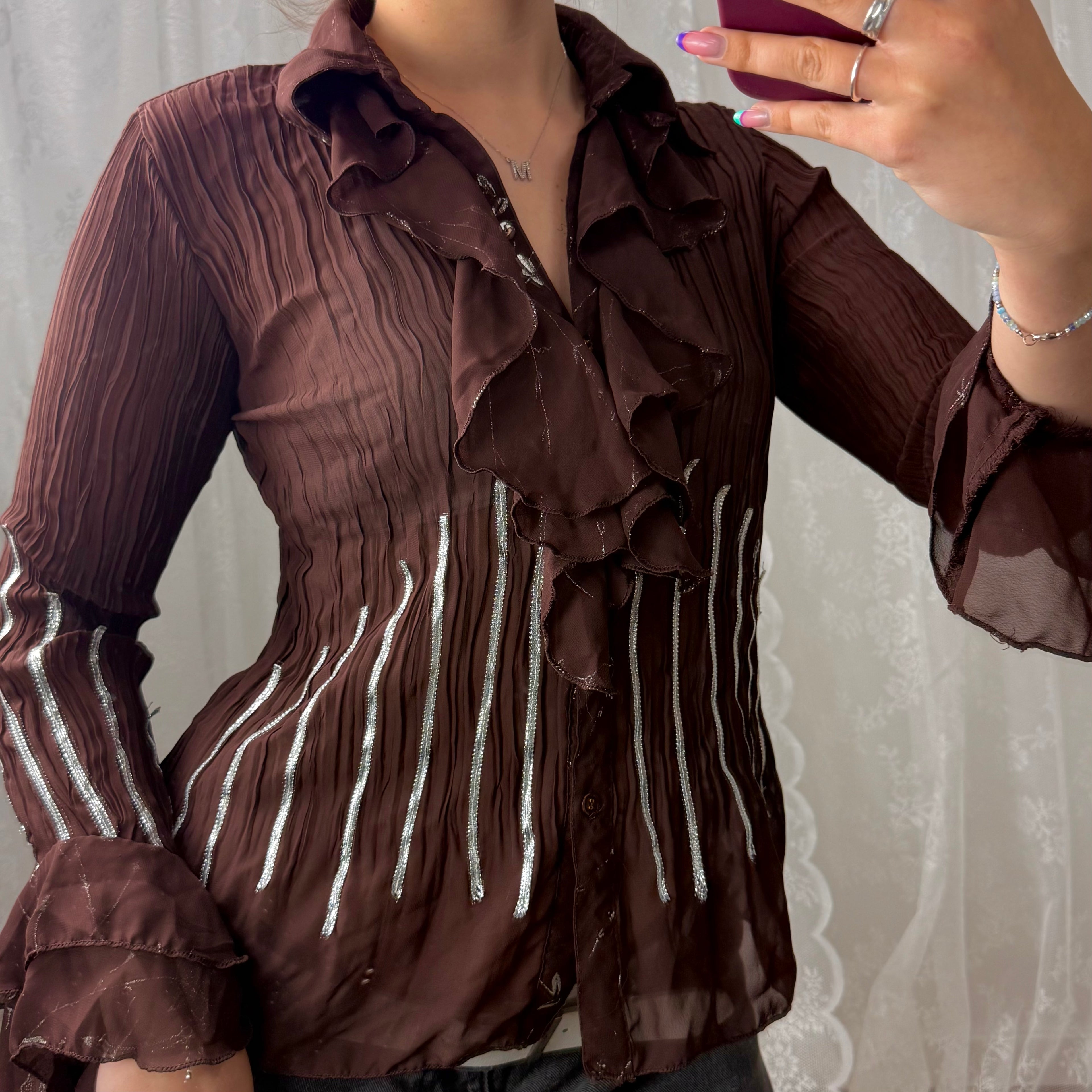 Brown mesh ruffle detailed shirt