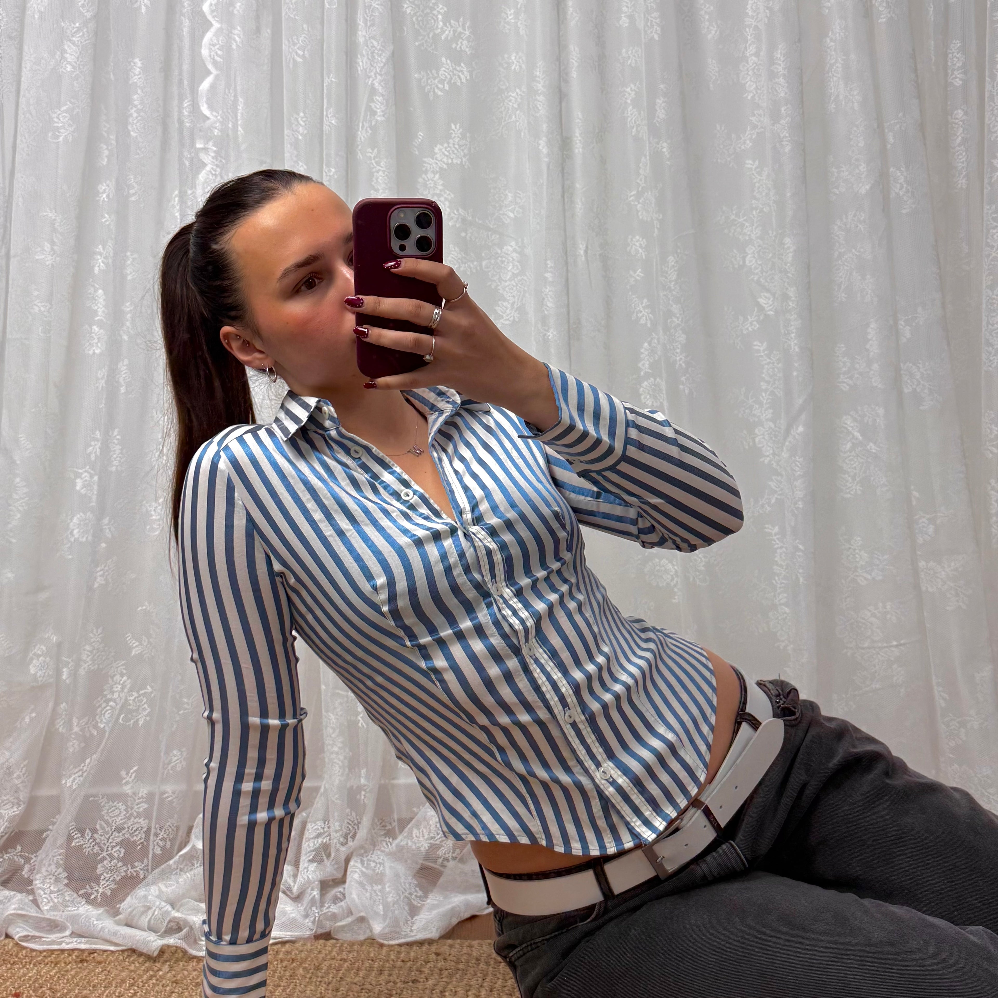 Blue and white striped vintage shiny shirt