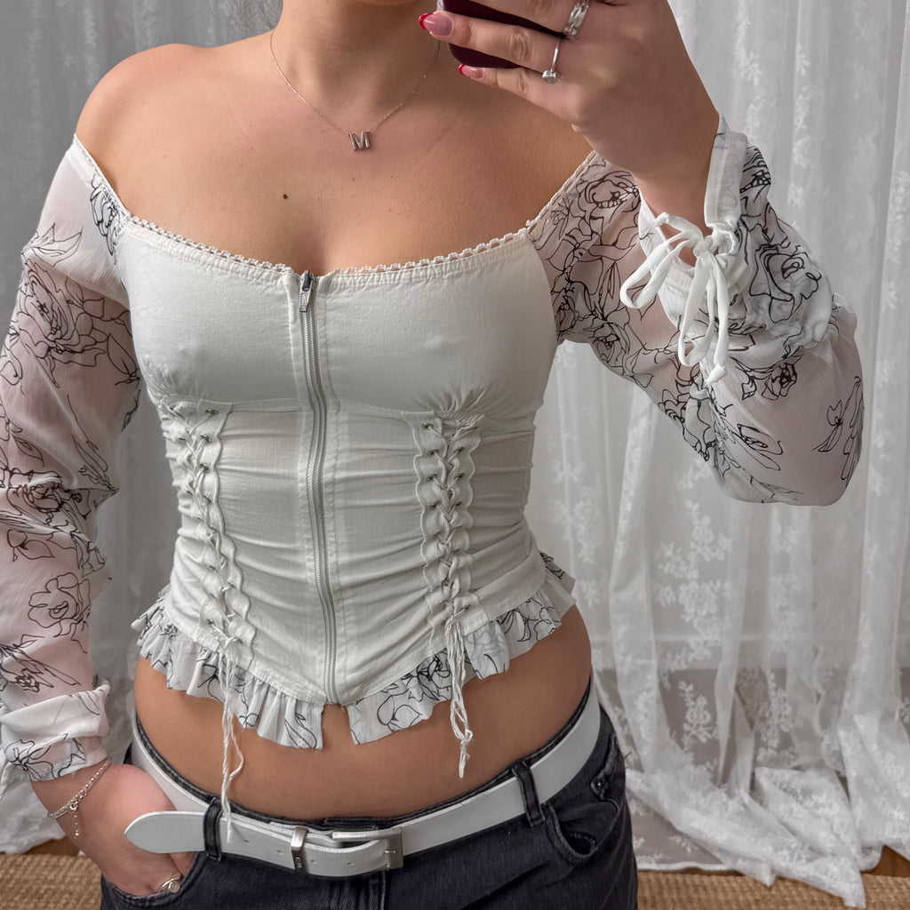 White mesh corset style tie up off the shoulder top