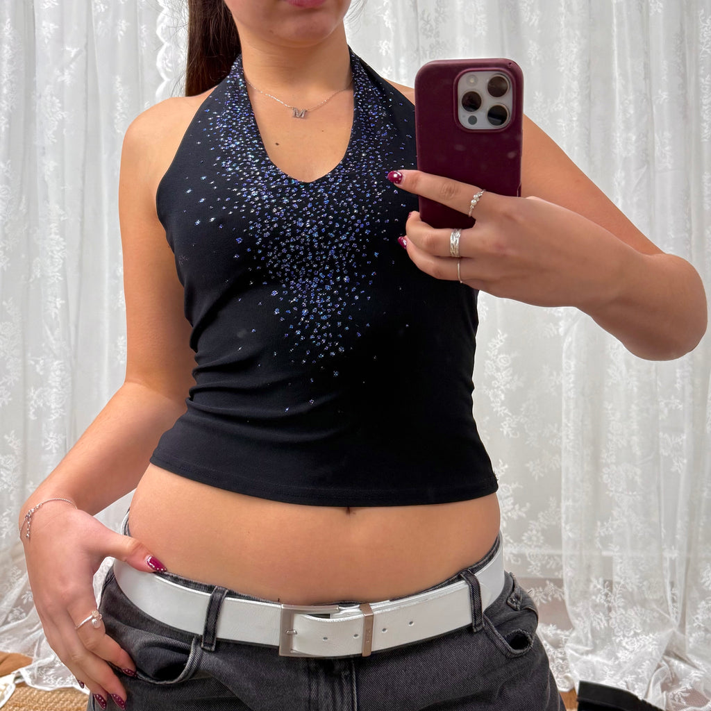 Black vintage blue and purple sparkly halterneck