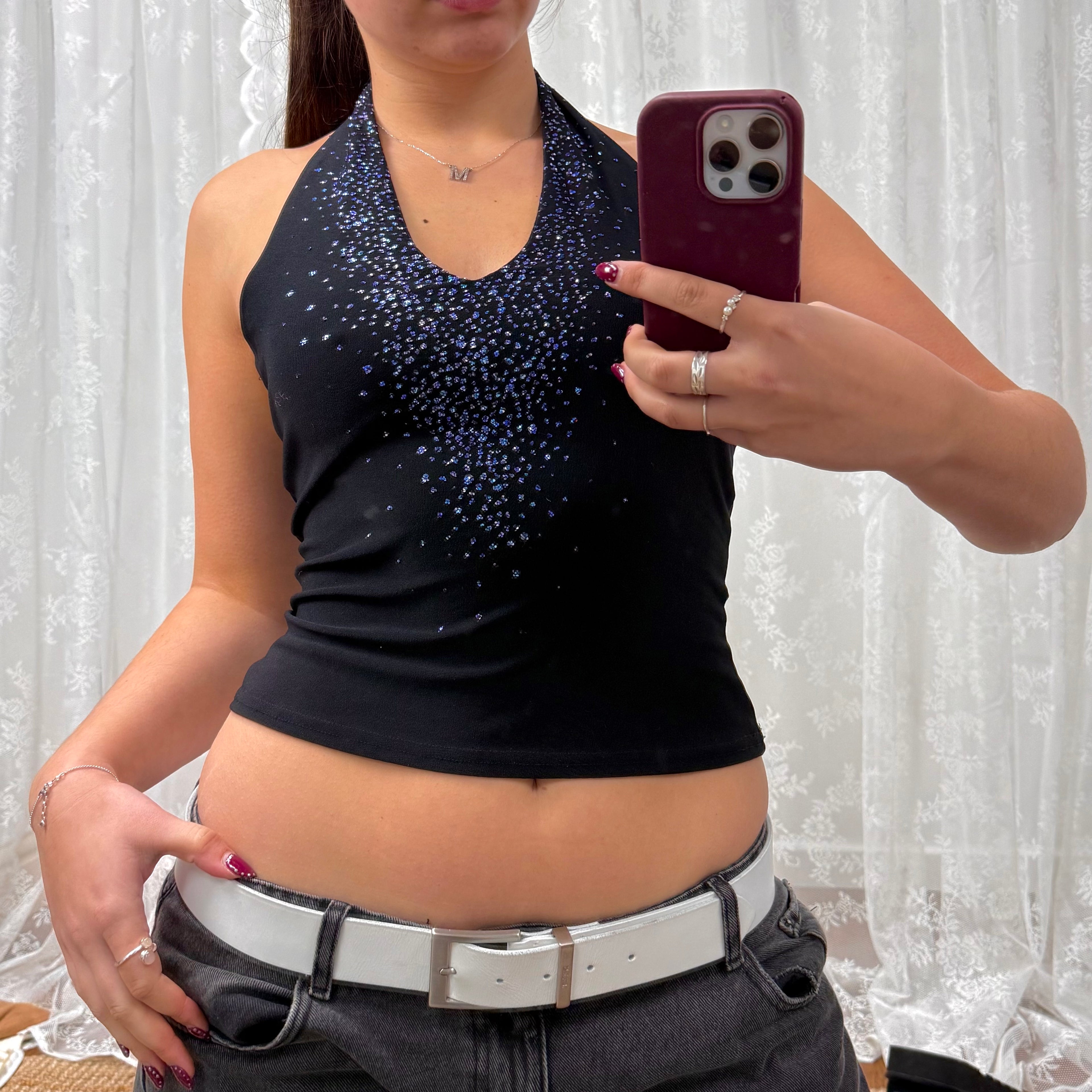 Black vintage blue and purple sparkly halterneck