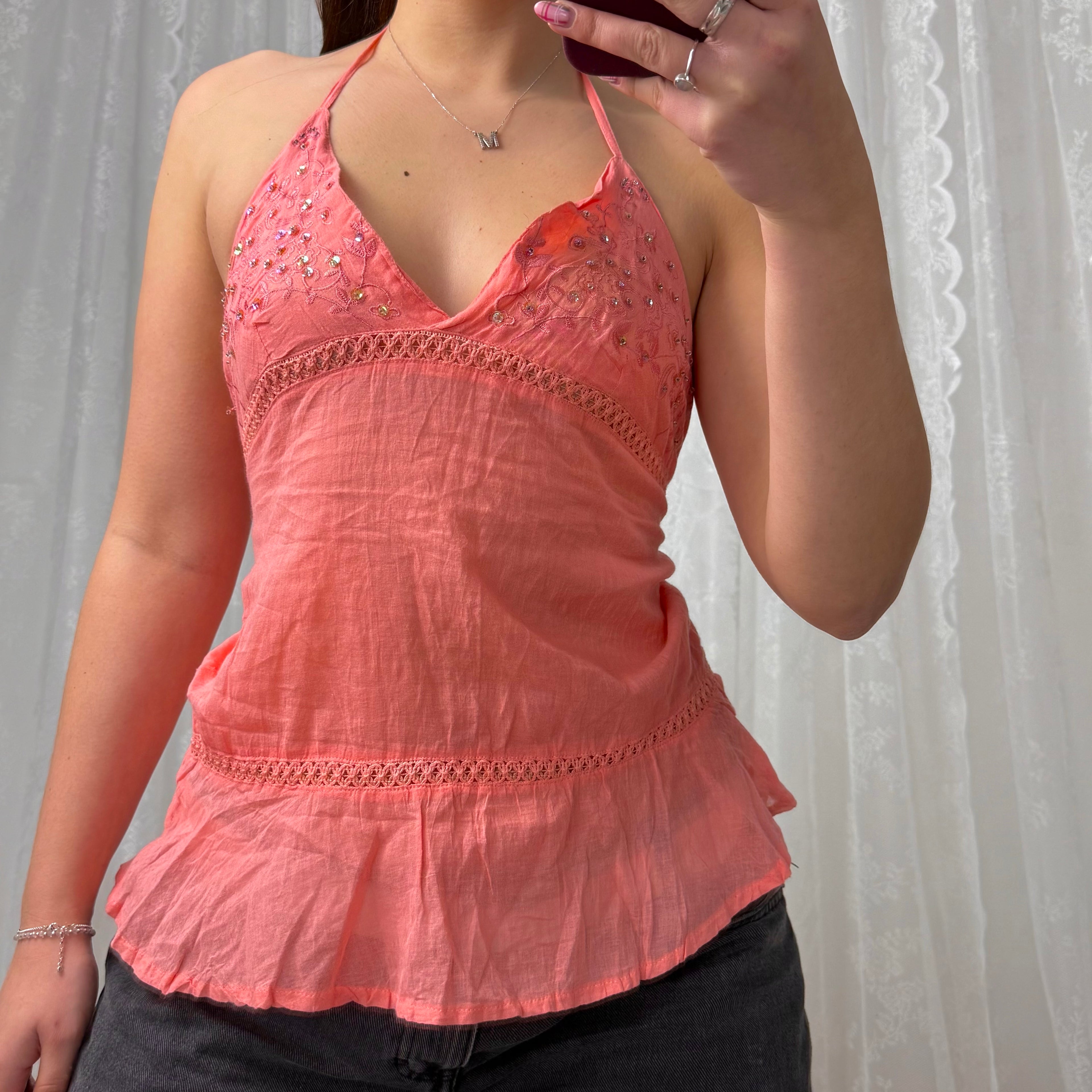 Pink/coral sequin Embroided halterneck top