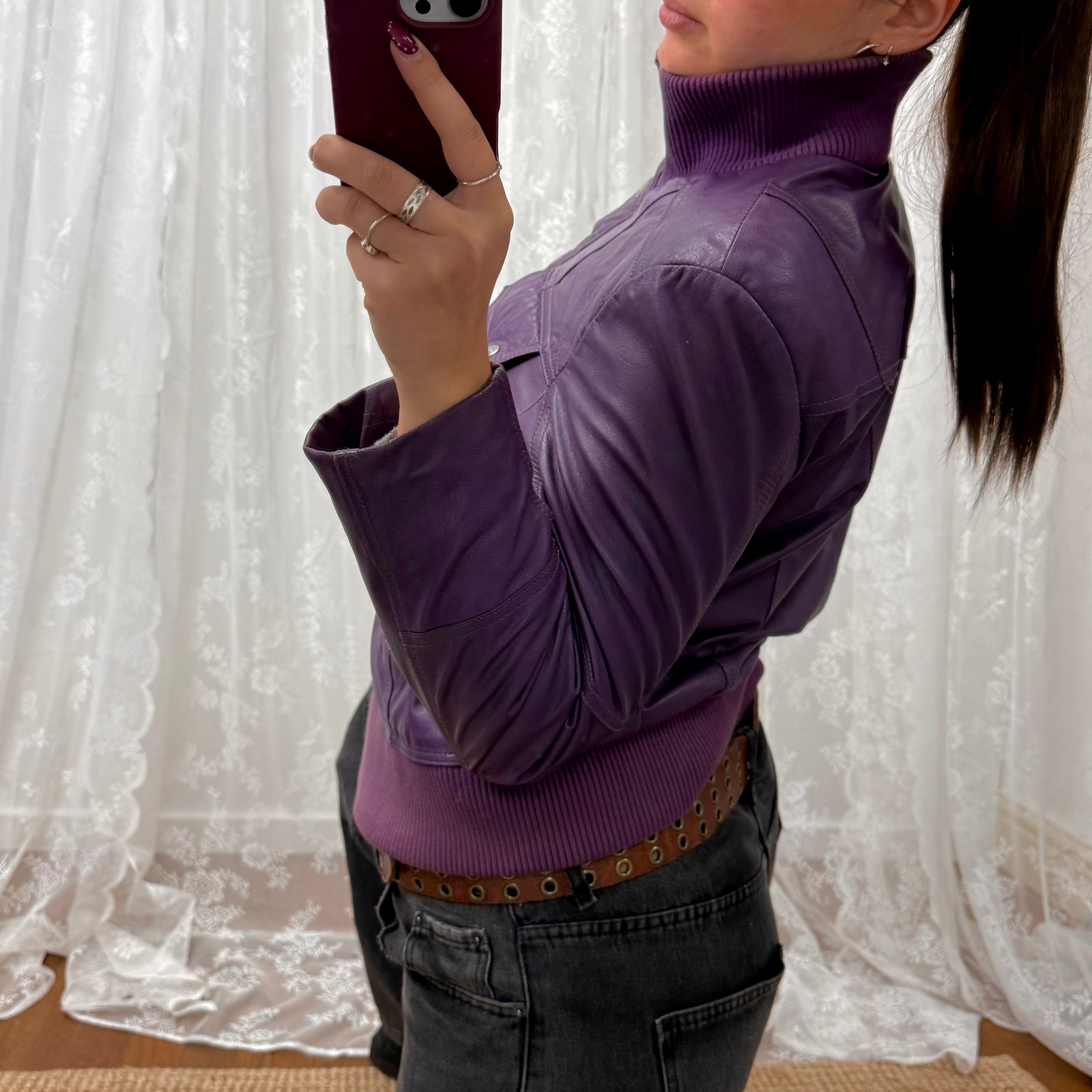 Purple leather bomber jacket