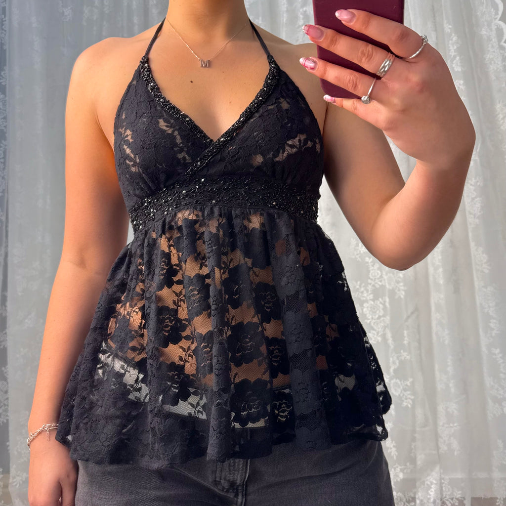 Black lace and beaded halterneck top