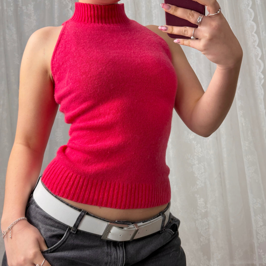 Pink wool blend sleeveless turtleneck top