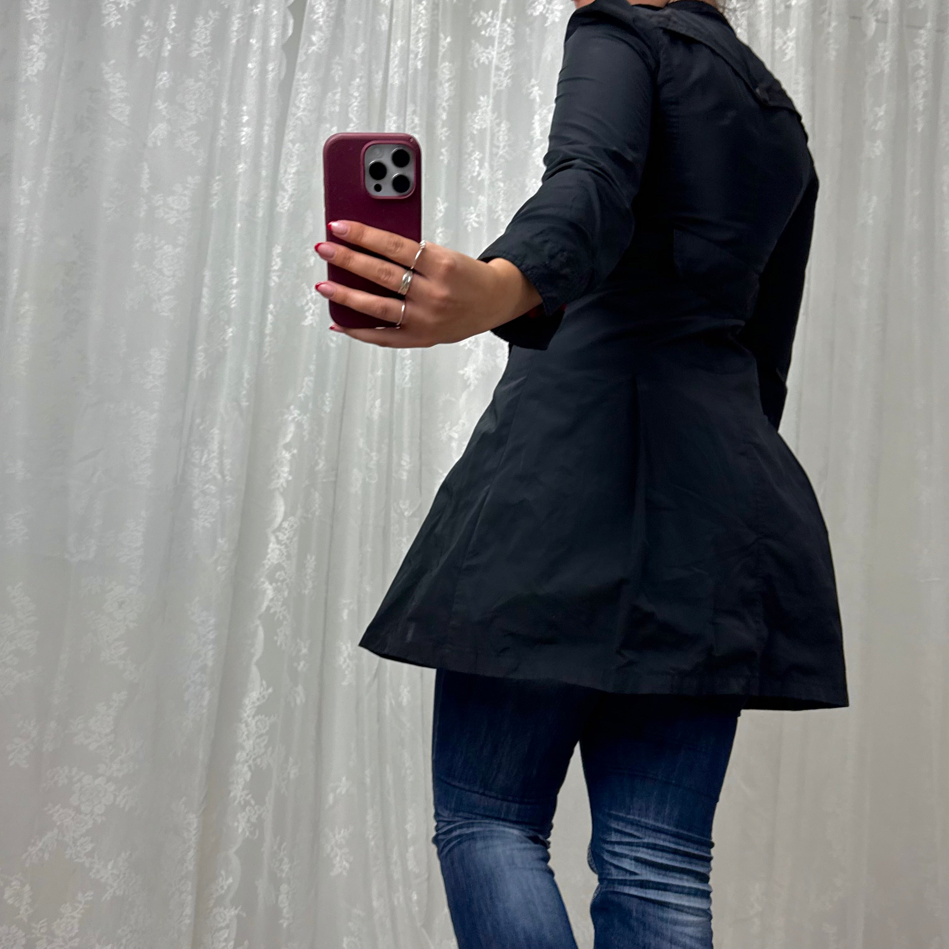 Black shiny Longlined button up jacket